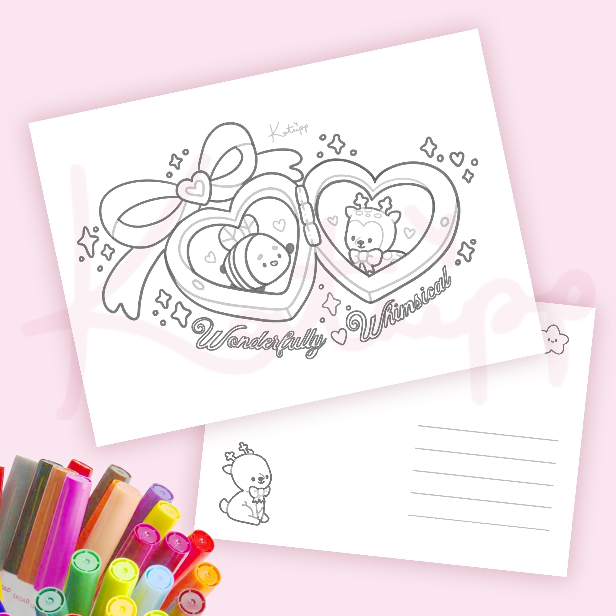 Cinnamon & Bumblebutt Colouring Postcard | Whimsical Pink Coquette A6 Kawaii Katnipp Card kawaii character design by Katnipp