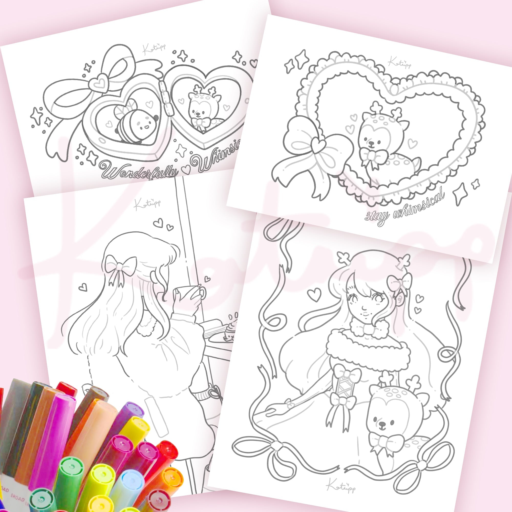 Cinnamon Comfort Club Colouring Postcard Bundle | 4 Pack Kawaii A6 Colour In Cards kawaii character design by Katnipp Studios