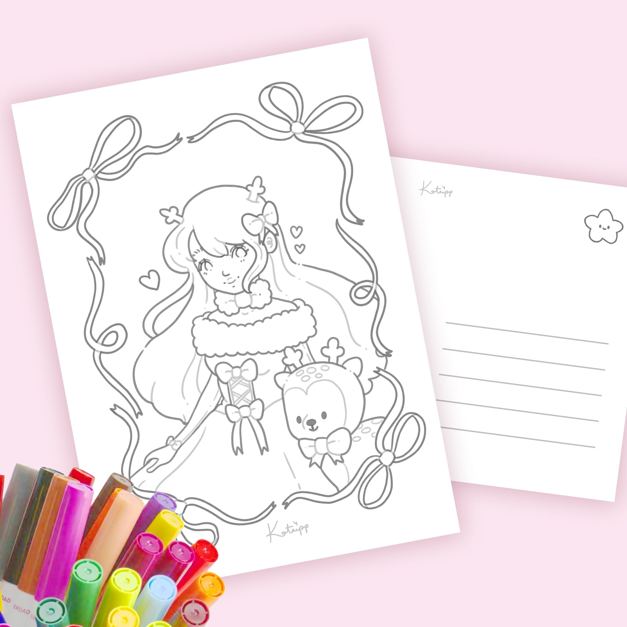 Cinnamon Comfort Club Colouring Postcard Bundle | 4 Pack Kawaii A6 Colour In Cards kawaii character design by Katnipp Studios