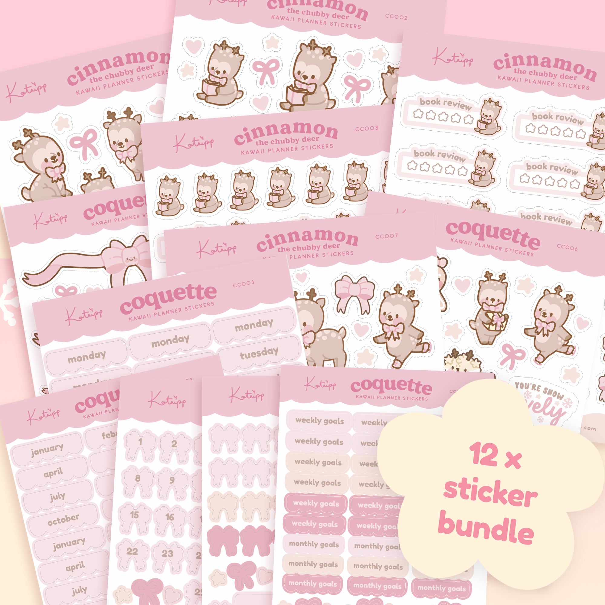 Complete Pink Coquette Sticker Bundle | 12 Kawaii Sticker Sheets for Planners & Journals - Katnipp Studios