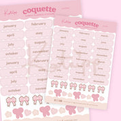 Coquette Monthly Planner Stickers | Pink Kawaii Month Header Stickers | CC009 Katnipp character product