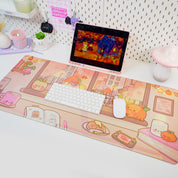 Cosy Autumn Gaming Desk Pad | Kawaii Fall Desk Mat | Pumpkin Café Scene for Cute Workspace Decor - Katnipp Studios