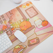 Cosy Autumn Gaming Desk Pad | Kawaii Fall Desk Mat | Pumpkin Café Scene for Cute Workspace Decor - Katnipp Studios