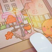 Cosy Autumn Gaming Desk Pad | Kawaii Fall Desk Mat | Pumpkin Café Scene for Cute Workspace Decor - Katnipp Studios