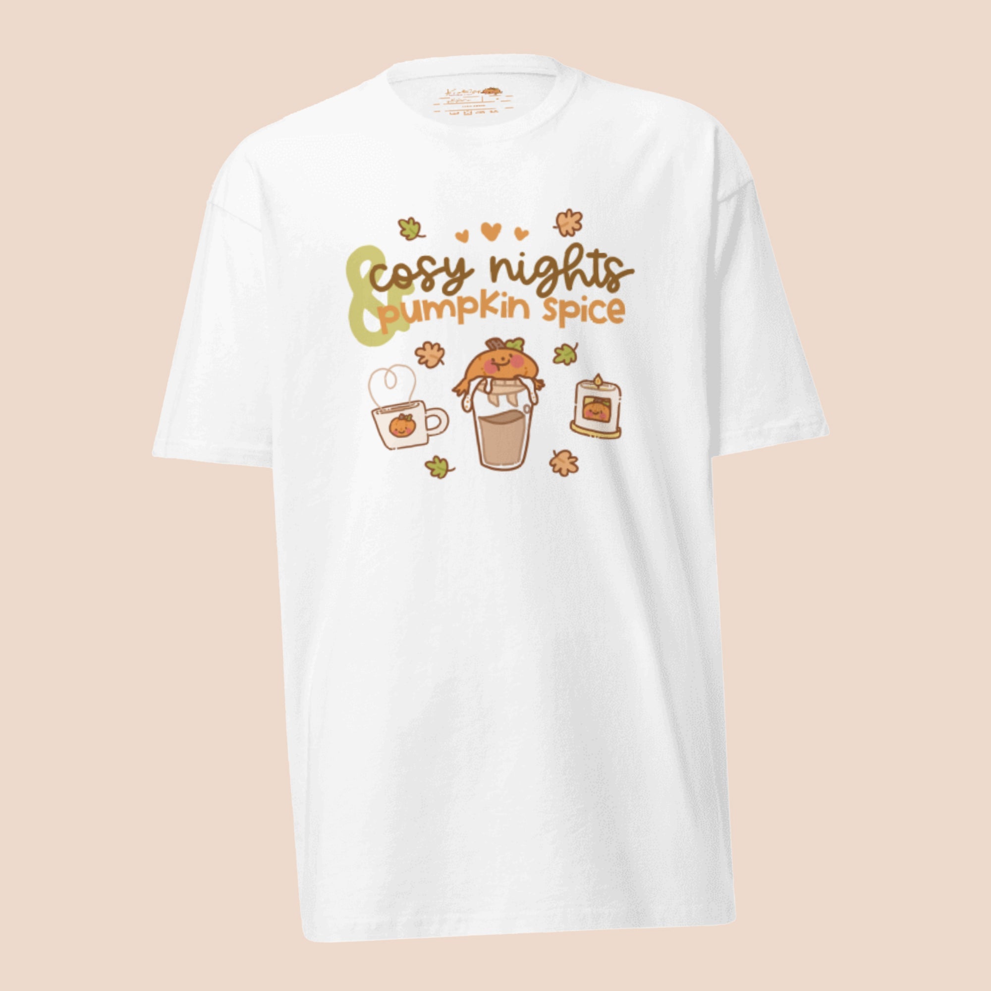 Cosy Nights & Pumpkin Spice Heavyweight Premium T-Shirt | Kawaii Gourdo the Pumpkin Tee | Cute Autumn Fall Aesthetic Katnipp character product
