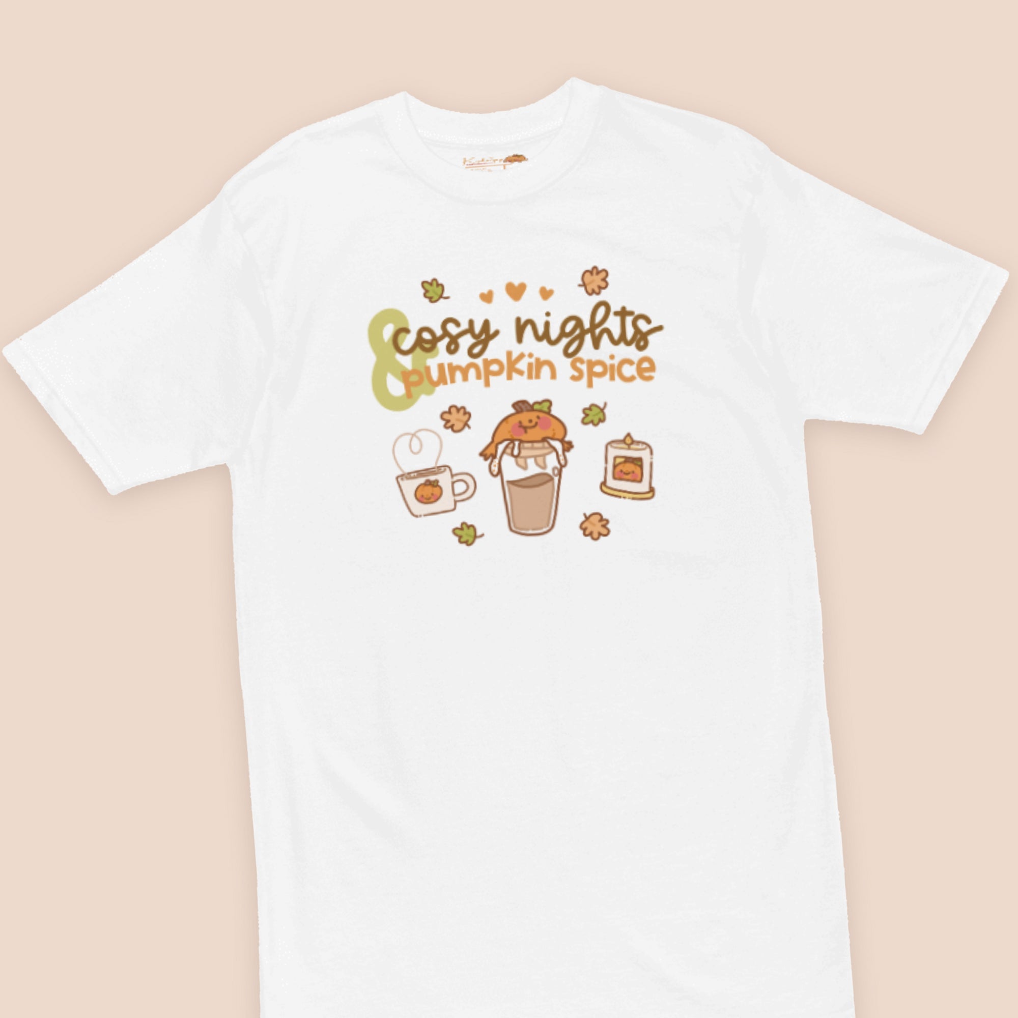 Cosy Nights & Pumpkin Spice Heavyweight Premium T-Shirt | Kawaii Gourdo the Pumpkin Tee | Cute Autumn Fall Aesthetic Katnipp character product