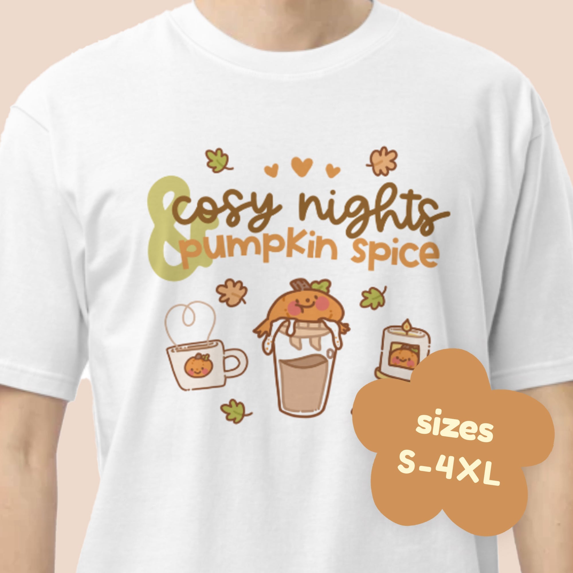 Cosy Nights & Pumpkin Spice Heavyweight Premium T-Shirt | Kawaii Gourdo the Pumpkin Tee | Cute Autumn Fall Aesthetic Katnipp character product