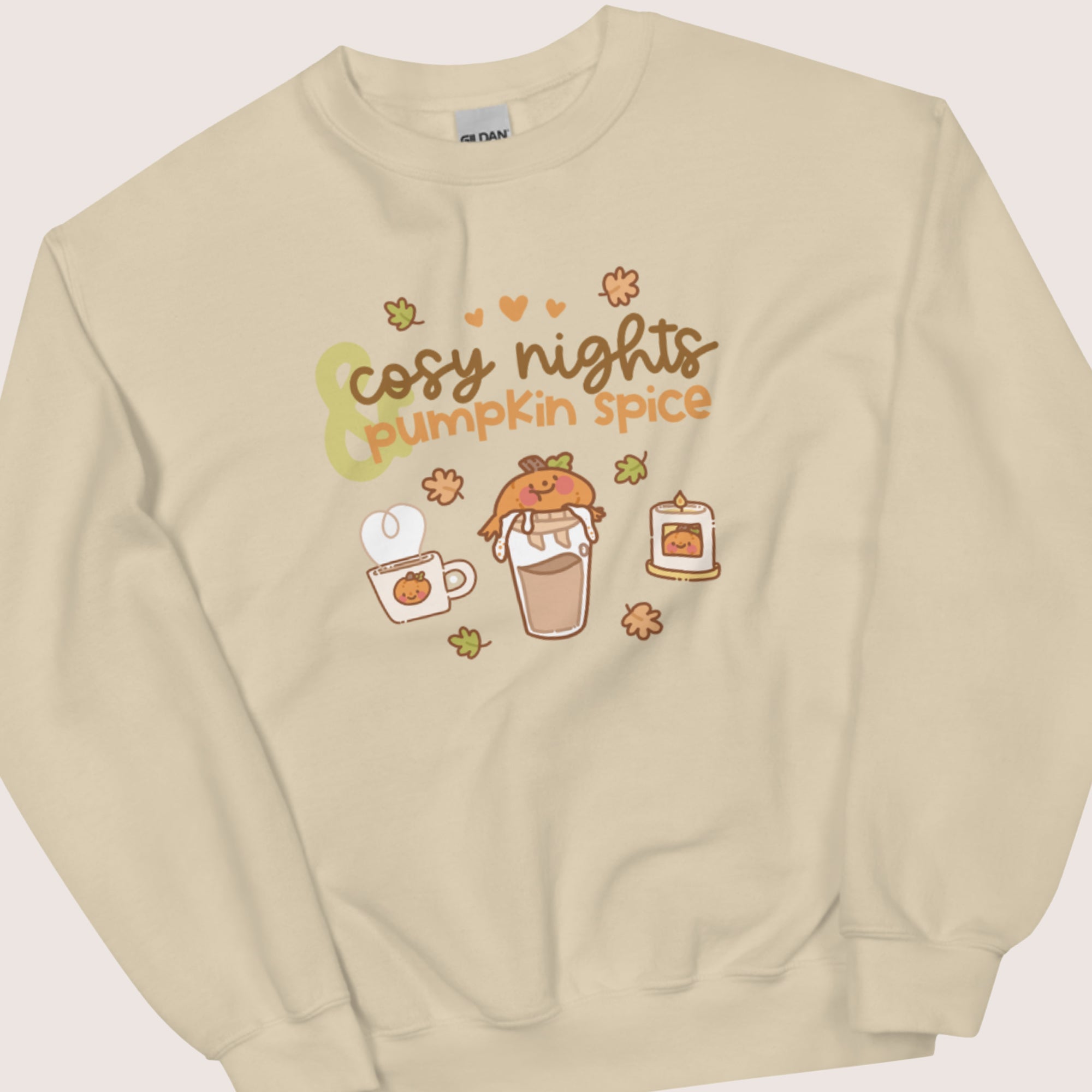 Cosy Nights & Pumpkin Spice Sweater | Kawaii Pumpkin & Coffee Sweatshirt | Cute Autumn & Halloween Apparel Katnipp character product