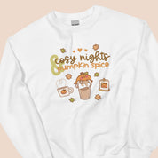 Cosy Nights & Pumpkin Spice Sweater | Kawaii Pumpkin & Coffee Sweatshirt | Cute Autumn & Halloween Apparel Katnipp character product