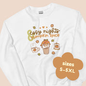 Cosy Nights & Pumpkin Spice Sweater | Kawaii Pumpkin & Coffee Sweatshirt | Cute Autumn & Halloween Apparel Katnipp character product