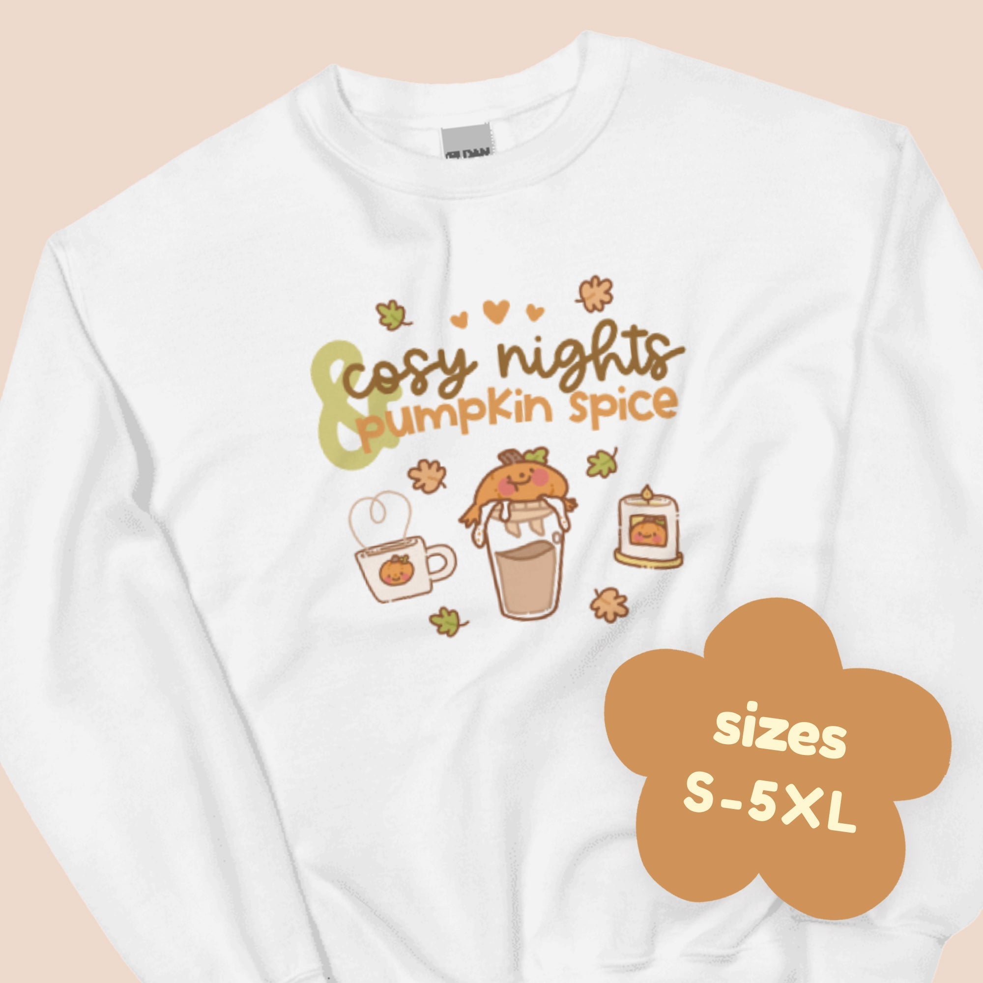 Cosy Nights & Pumpkin Spice Sweater | Kawaii Pumpkin & Coffee Sweatshirt | Cute Autumn & Halloween Apparel Katnipp character product