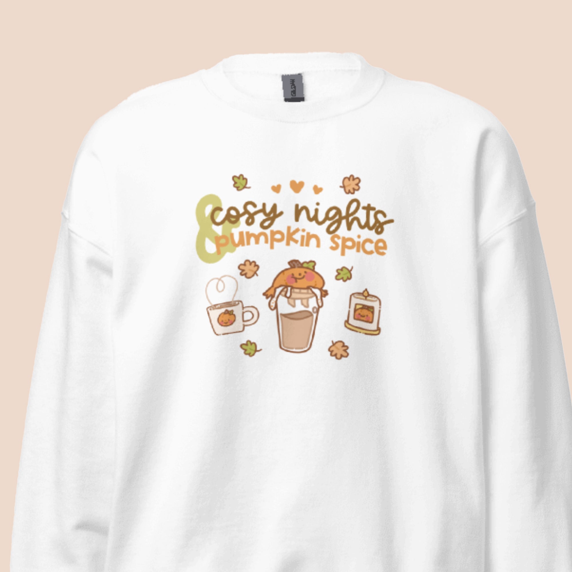 Cosy Nights & Pumpkin Spice Sweater | Kawaii Pumpkin & Coffee Sweatshirt | Cute Autumn & Halloween Apparel Katnipp character product