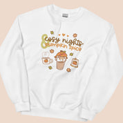 Cosy Nights & Pumpkin Spice Sweater | Kawaii Pumpkin & Coffee Sweatshirt | Cute Autumn & Halloween Apparel Katnipp character product