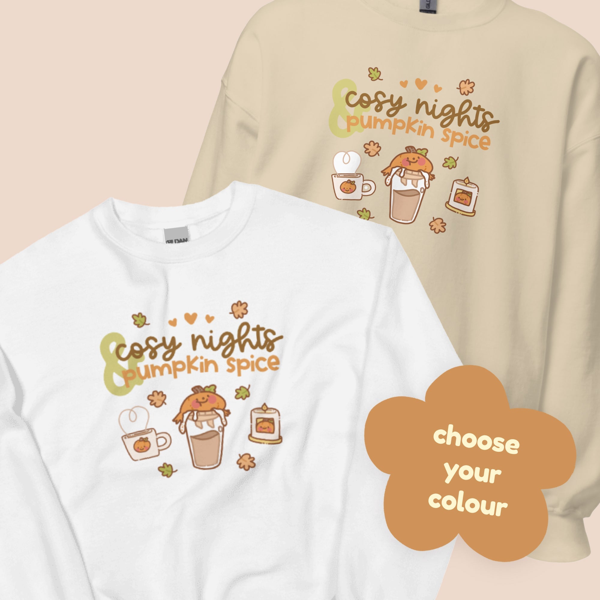 Cosy Nights & Pumpkin Spice Sweater | Kawaii Pumpkin & Coffee Sweatshirt | Cute Autumn & Halloween Apparel Katnipp character product