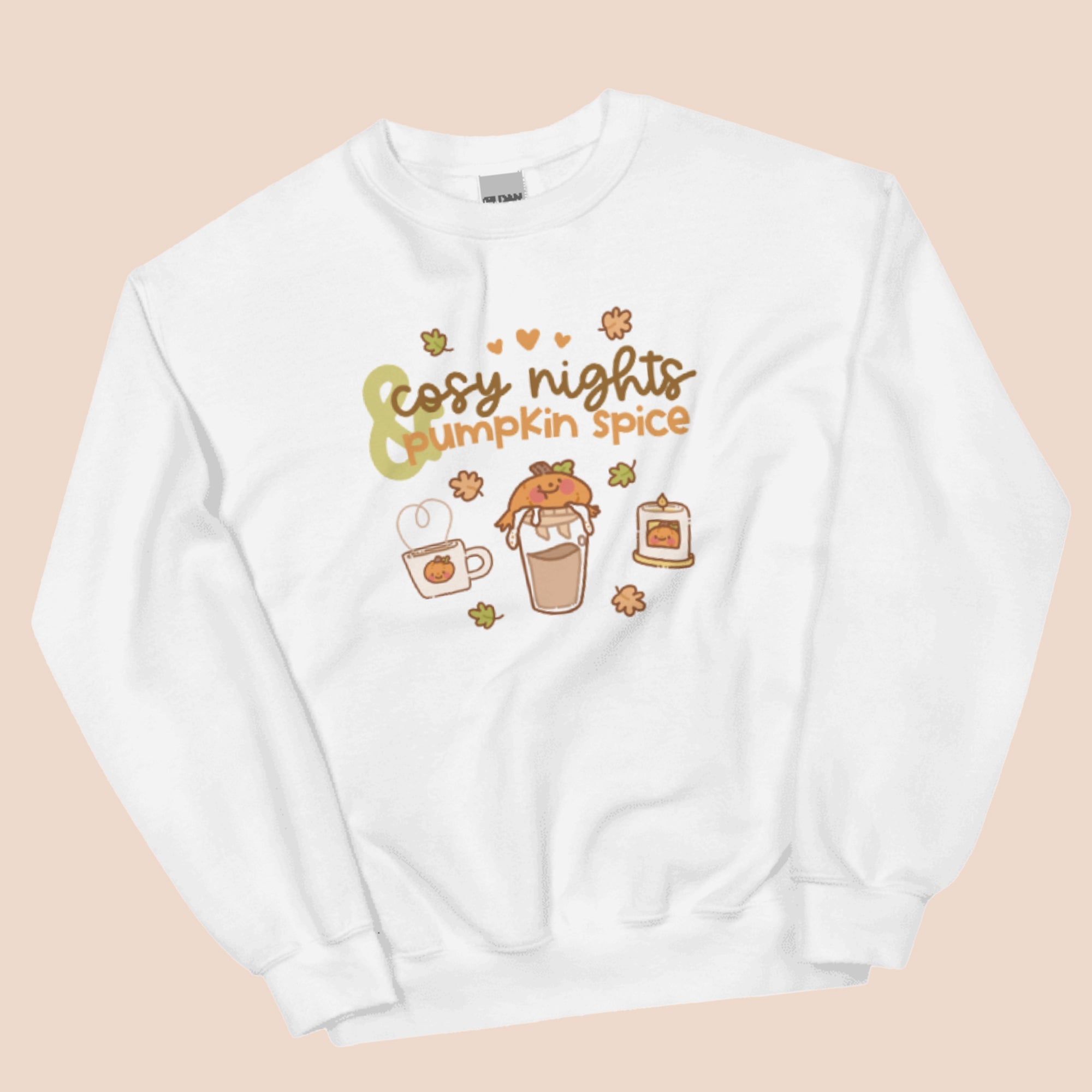 Cosy Nights & Pumpkin Spice Sweater | Kawaii Pumpkin & Coffee Sweatshirt | Cute Autumn & Halloween Apparel Katnipp character product