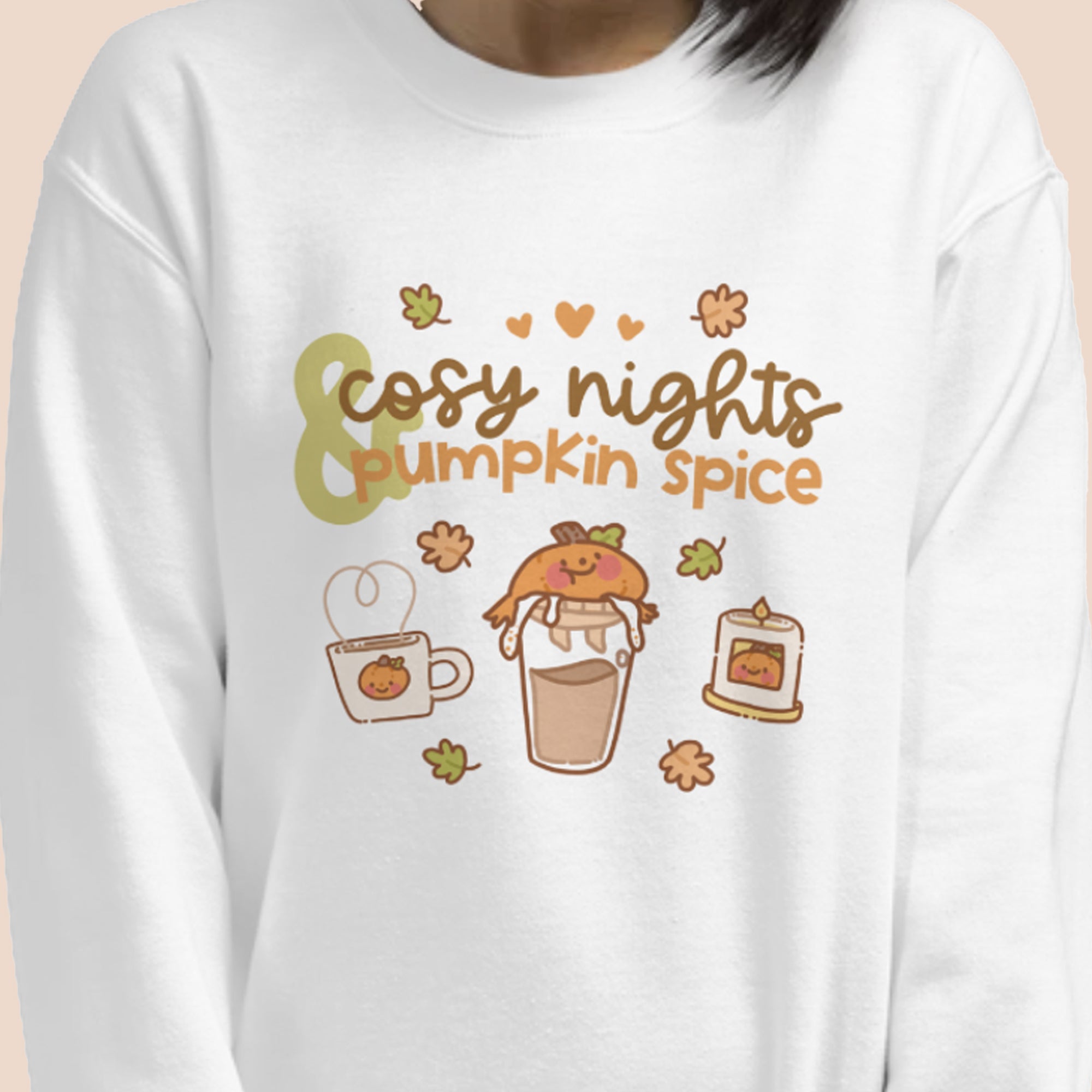 Cosy Nights & Pumpkin Spice Sweater | Kawaii Pumpkin & Coffee Sweatshirt | Cute Autumn & Halloween Apparel Katnipp character product