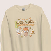 Cosy Nights & Pumpkin Spice Sweater | Kawaii Pumpkin & Coffee Sweatshirt | Cute Autumn & Halloween Apparel Katnipp character product