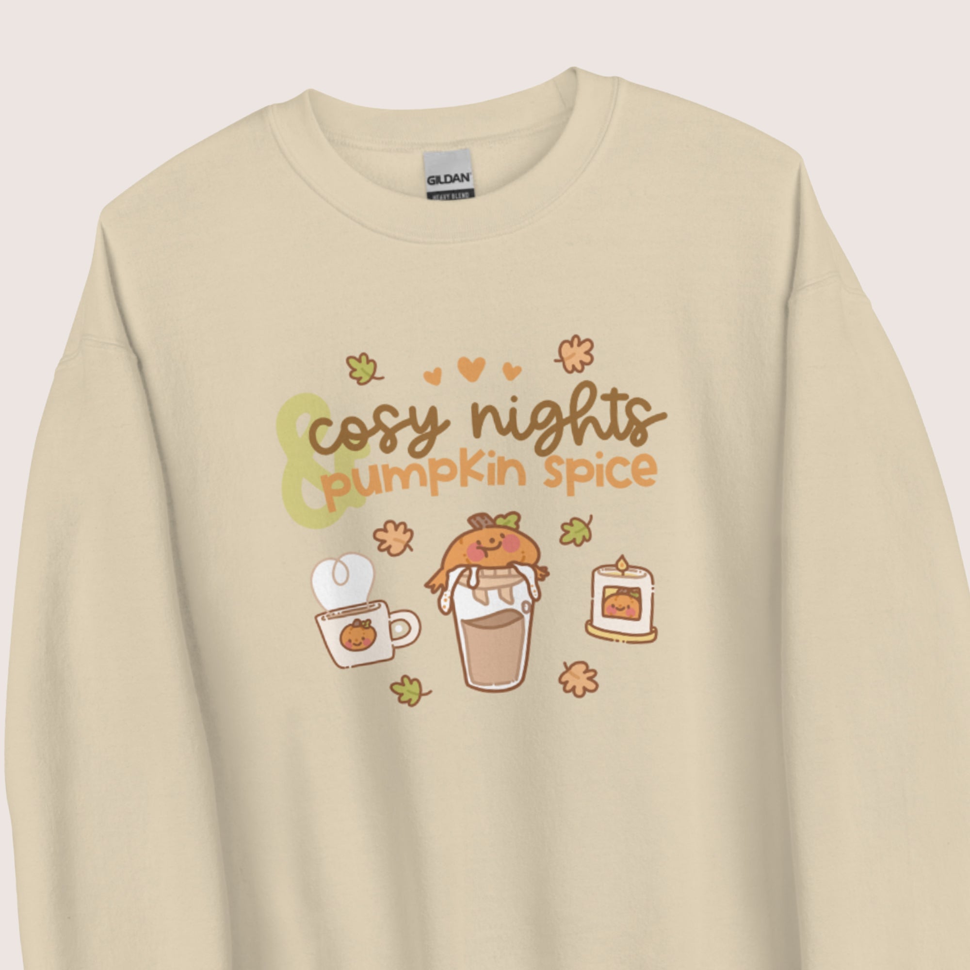 Cosy Nights & Pumpkin Spice Sweater | Kawaii Pumpkin & Coffee Sweatshirt | Cute Autumn & Halloween Apparel Katnipp character product