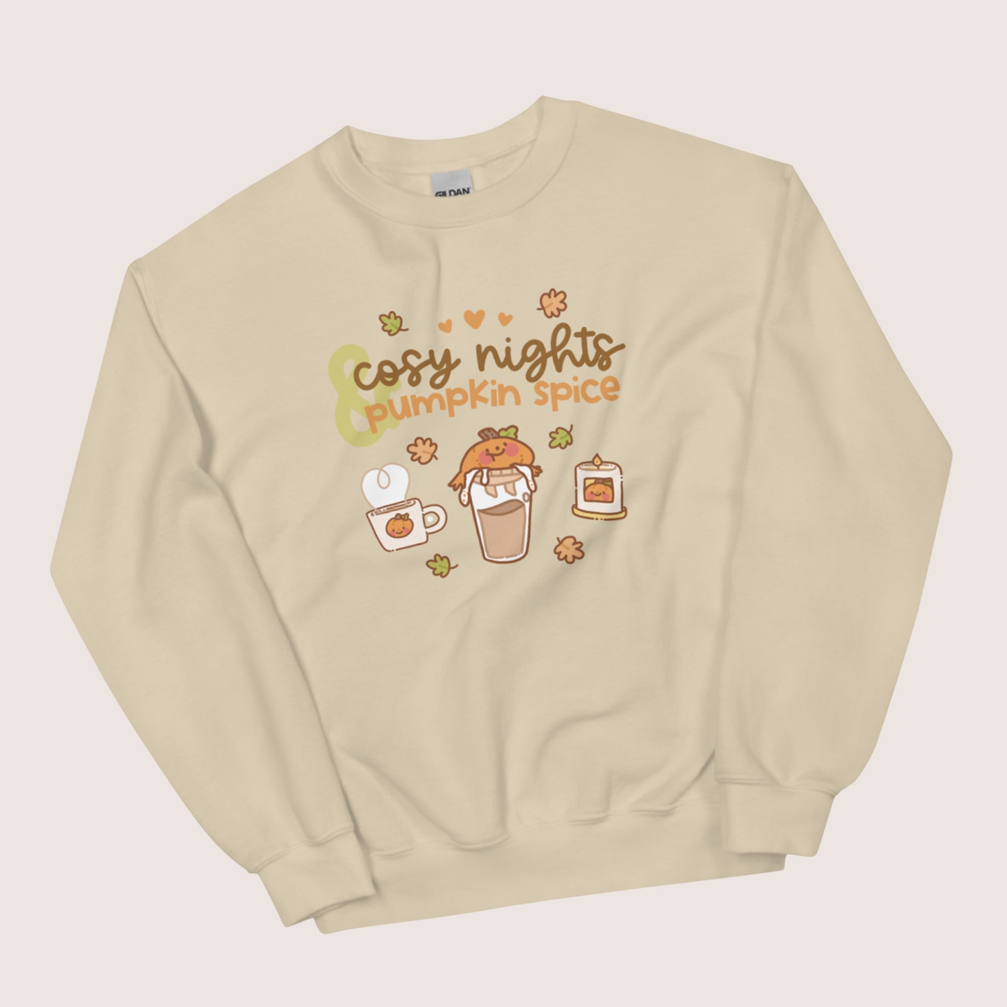 Cosy Nights & Pumpkin Spice Sweater | Kawaii Pumpkin & Coffee Sweatshirt | Cute Autumn & Halloween Apparel Katnipp character product