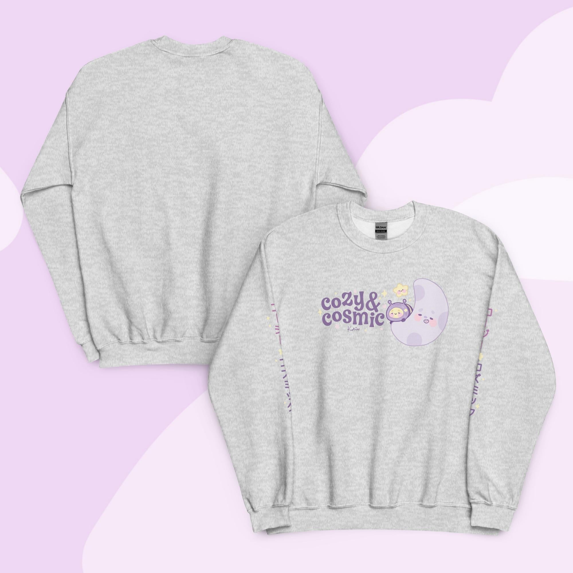 Cozy & Cosmic Crew Neck Sweatshirt with Japanese Sleeve Design | Celestial Kawaii Katnipp character product