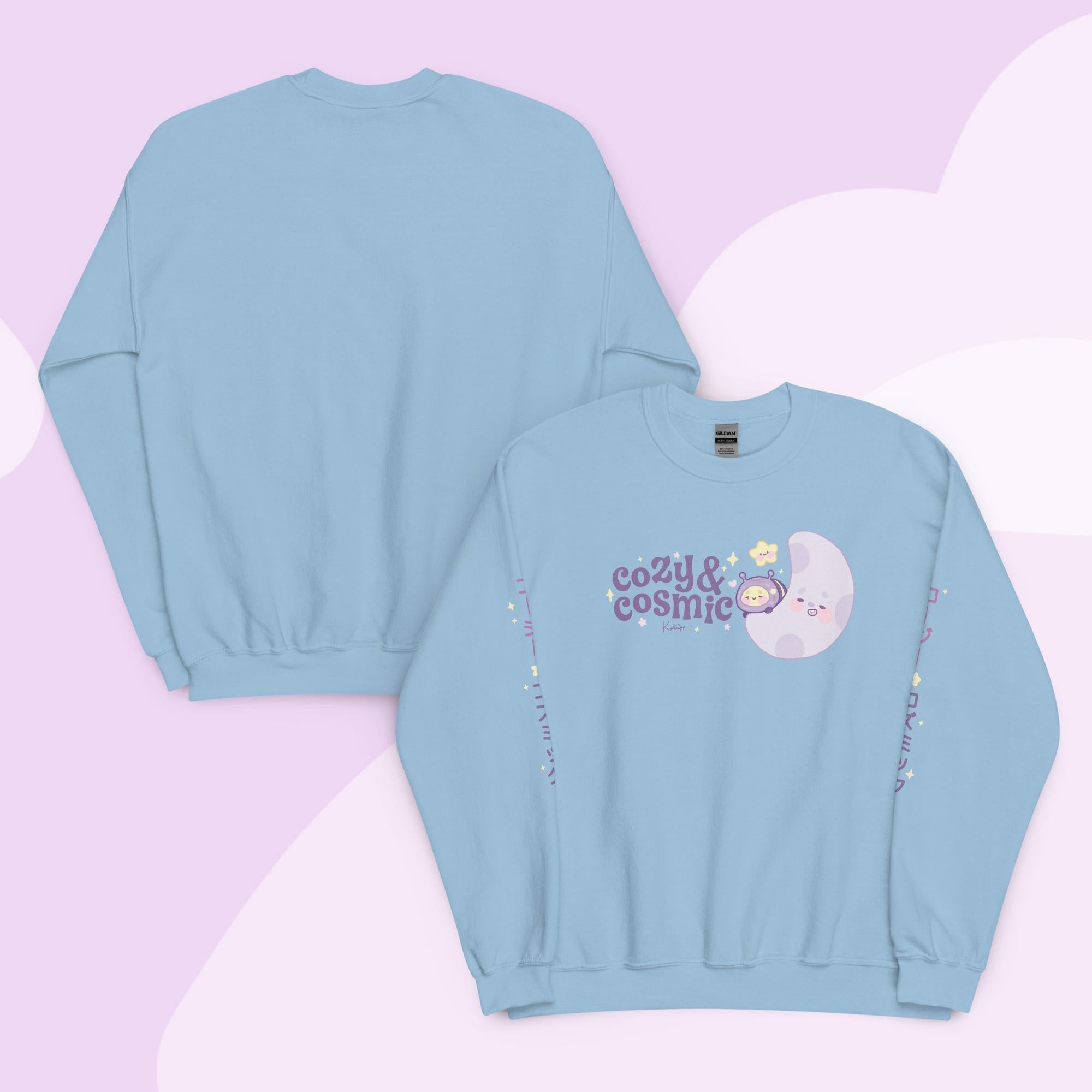 Cozy & Cosmic Crew Neck Sweatshirt with Japanese Sleeve Design | Celestial Kawaii Katnipp character product