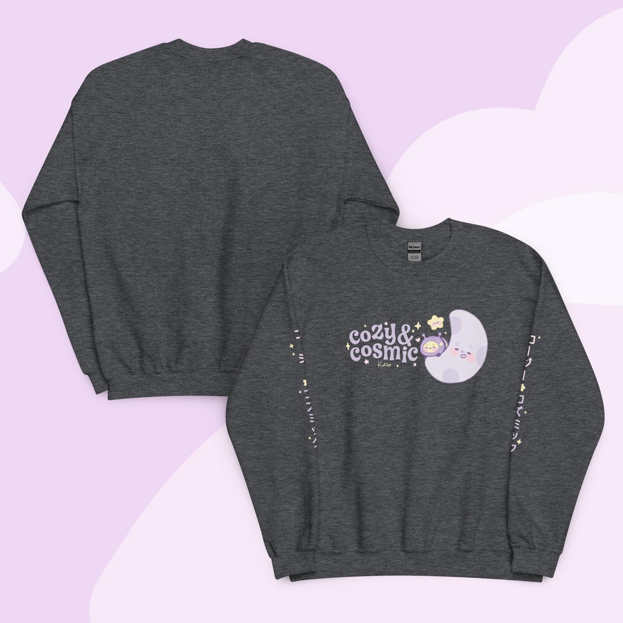 Cozy & Cosmic Crew Neck Sweatshirt with Japanese Sleeve Design | Celestial Kawaii Katnipp character product