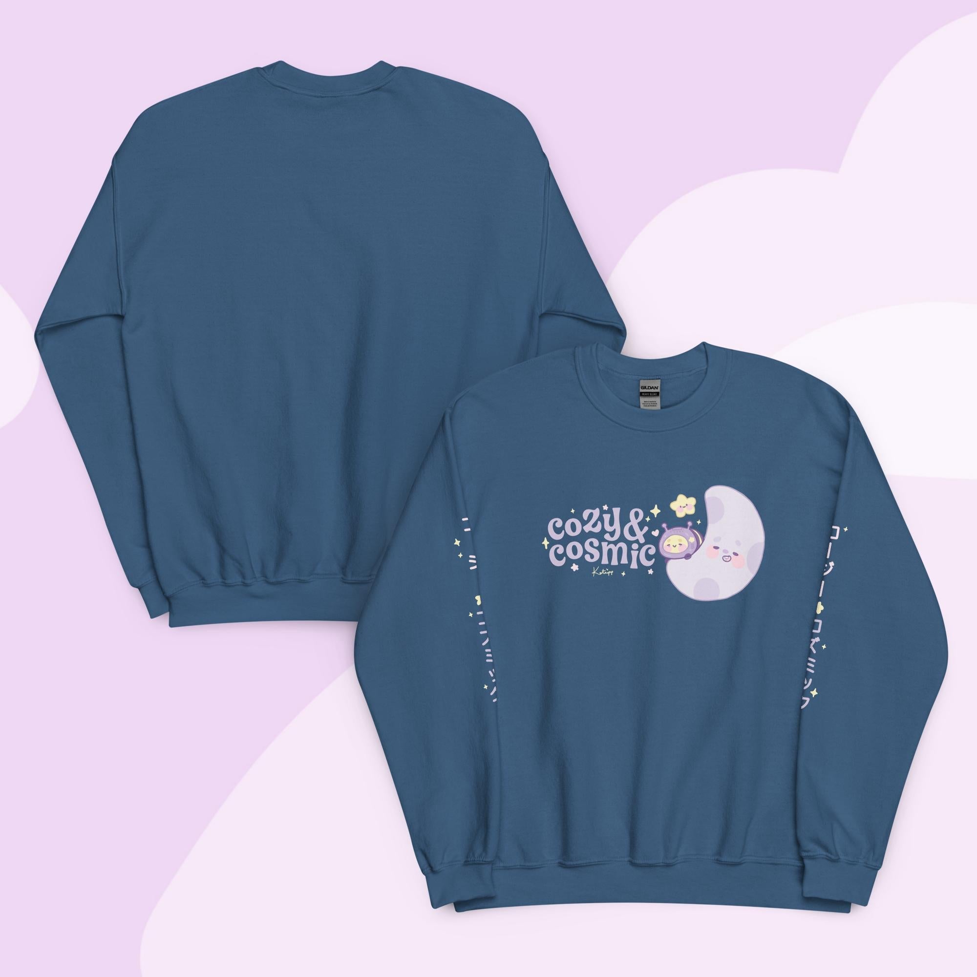 Cozy & Cosmic Crew Neck Sweatshirt with Japanese Sleeve Design | Celestial Kawaii Katnipp character product