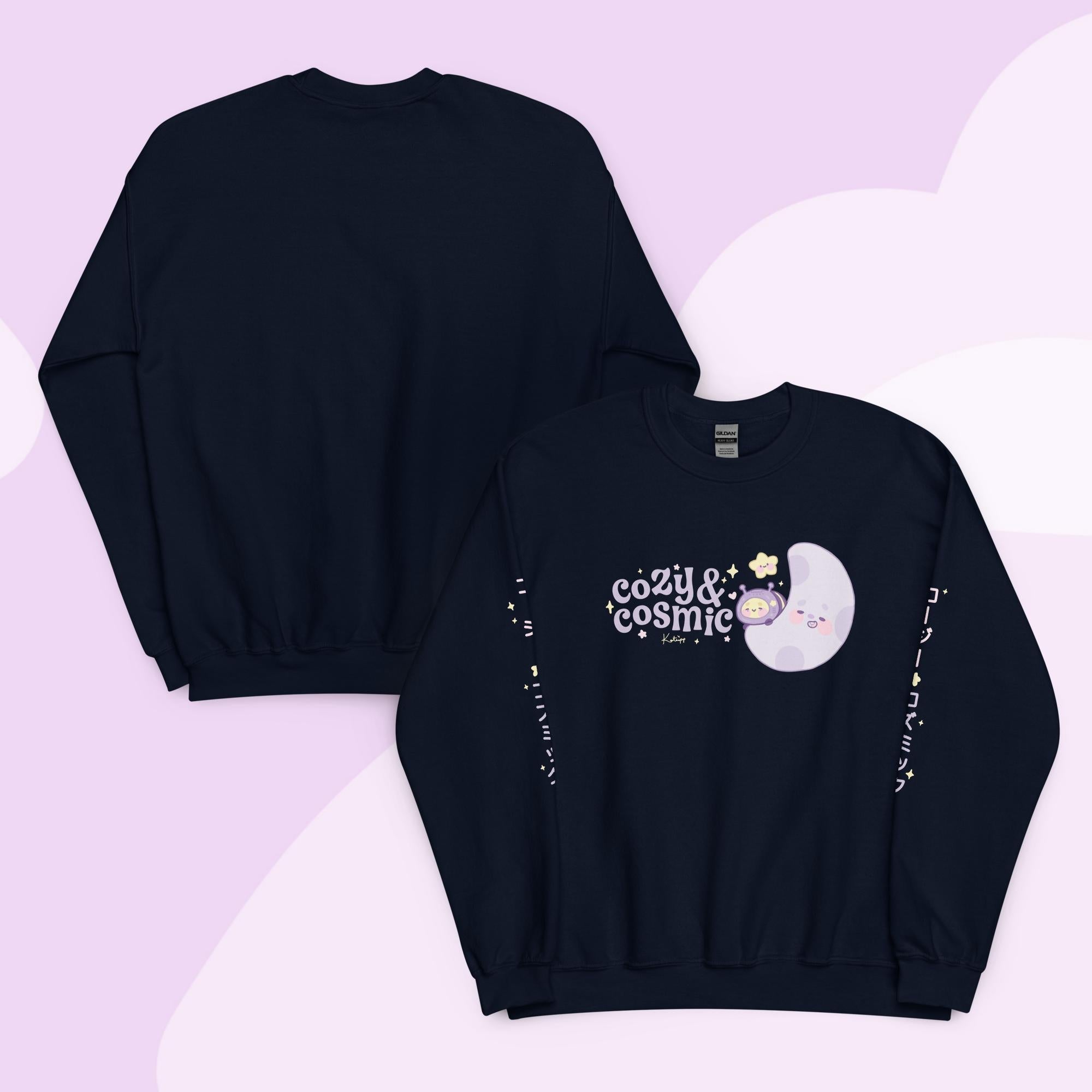 Cozy & Cosmic Crew Neck Sweatshirt with Japanese Sleeve Design | Celestial Kawaii Katnipp character product