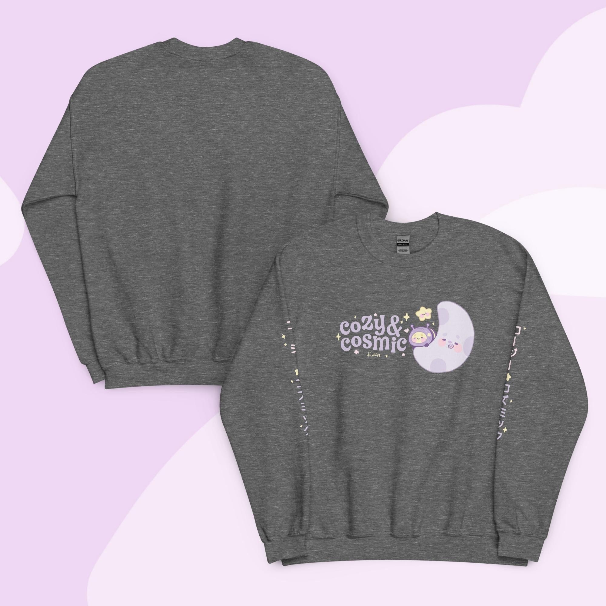 Cozy & Cosmic Crew Neck Sweatshirt with Japanese Sleeve Design | Celestial Kawaii Katnipp character product