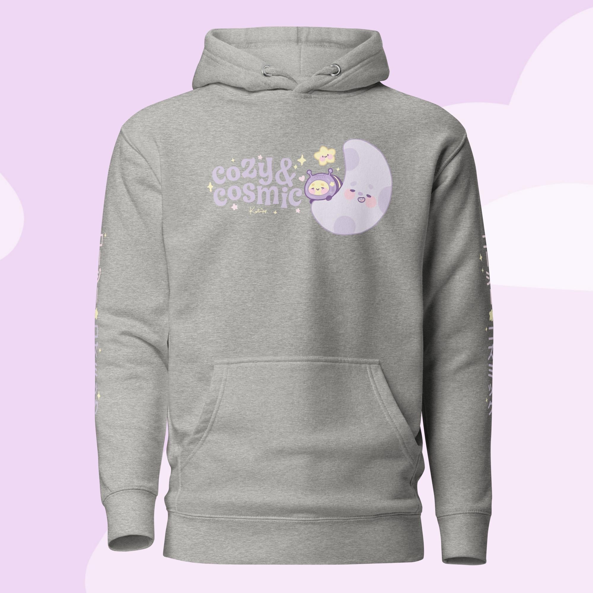 Cozy & Cosmic Premium Hoodie with Japanese Sleeve Design | Celestial Kawaii Katnipp character product