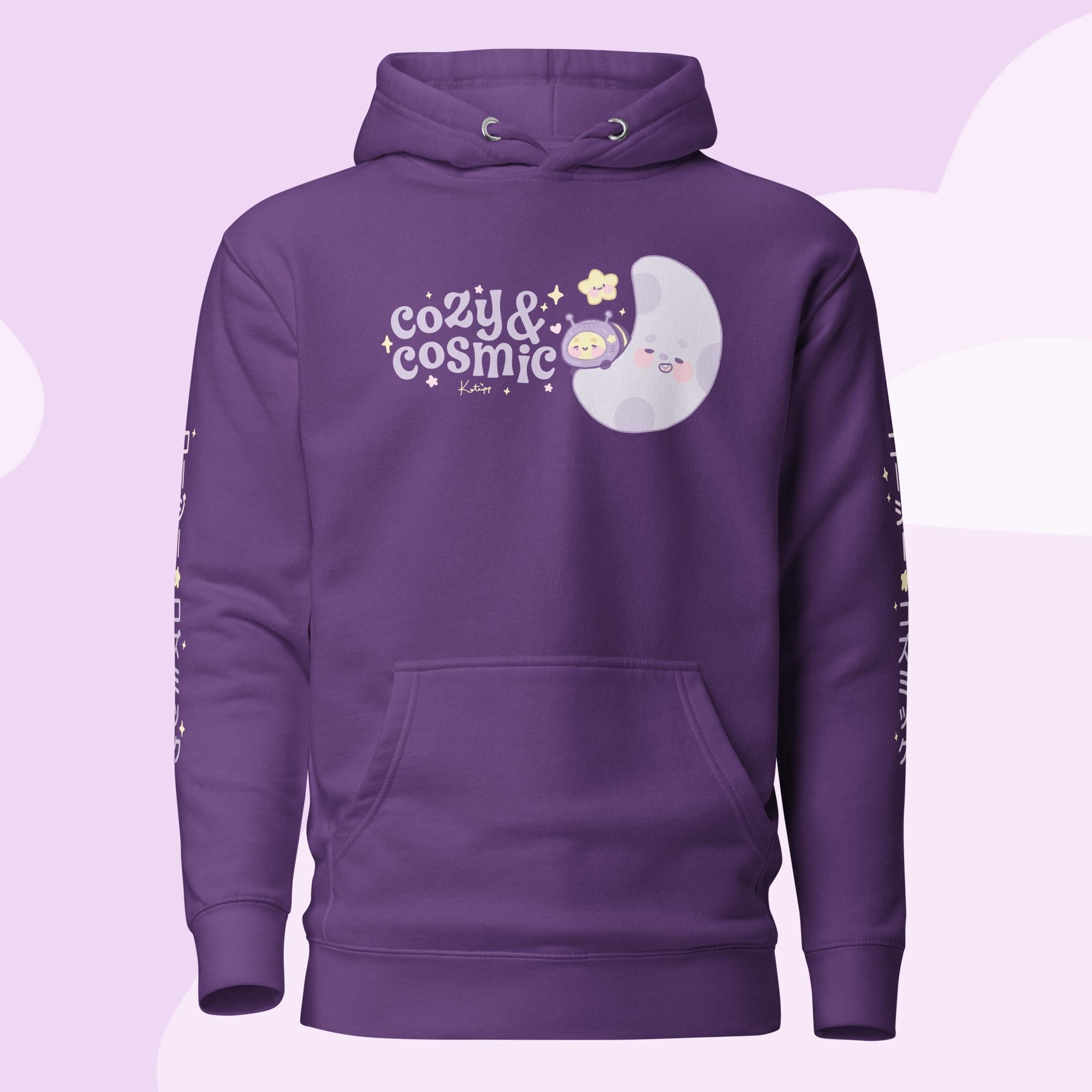 Cozy & Cosmic Premium Hoodie with Japanese Sleeve Design | Celestial Kawaii Katnipp character product