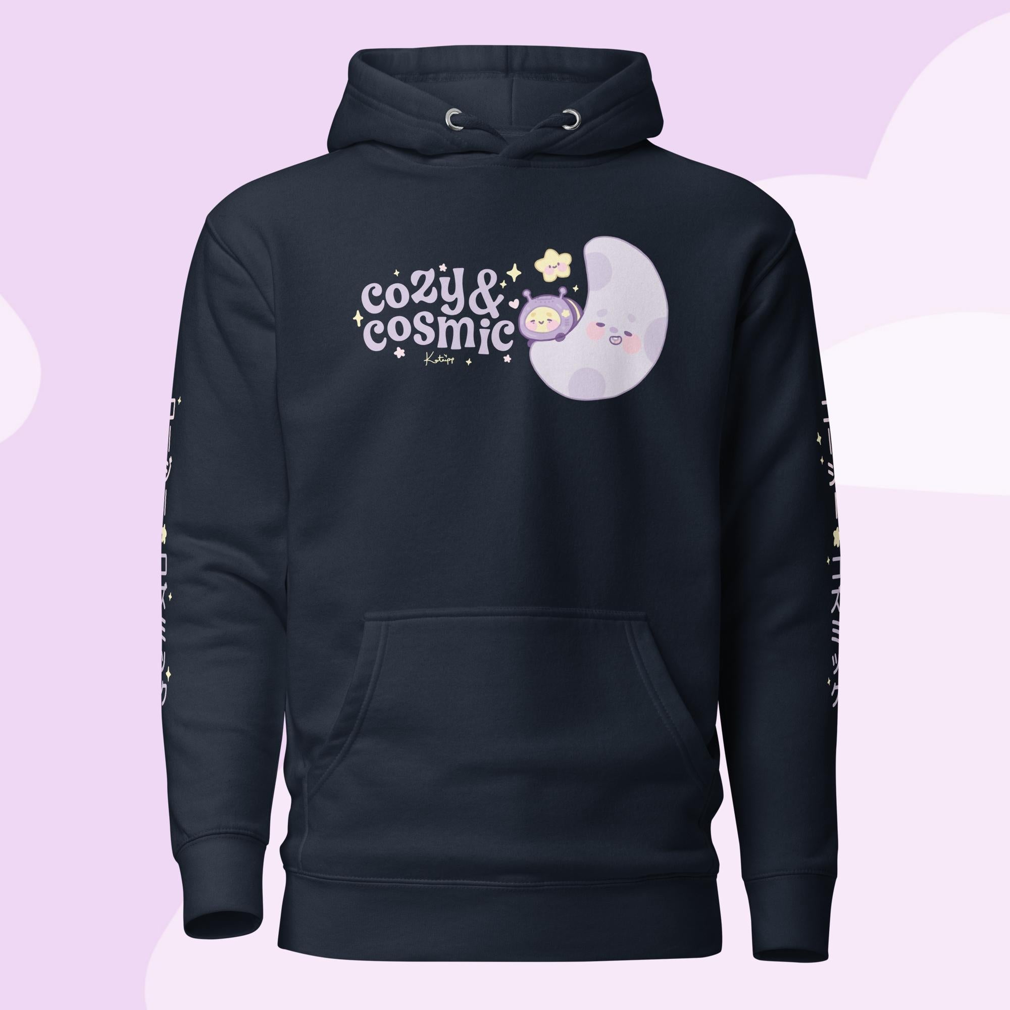 Cozy & Cosmic Premium Hoodie with Japanese Sleeve Design | Celestial Kawaii Katnipp character product