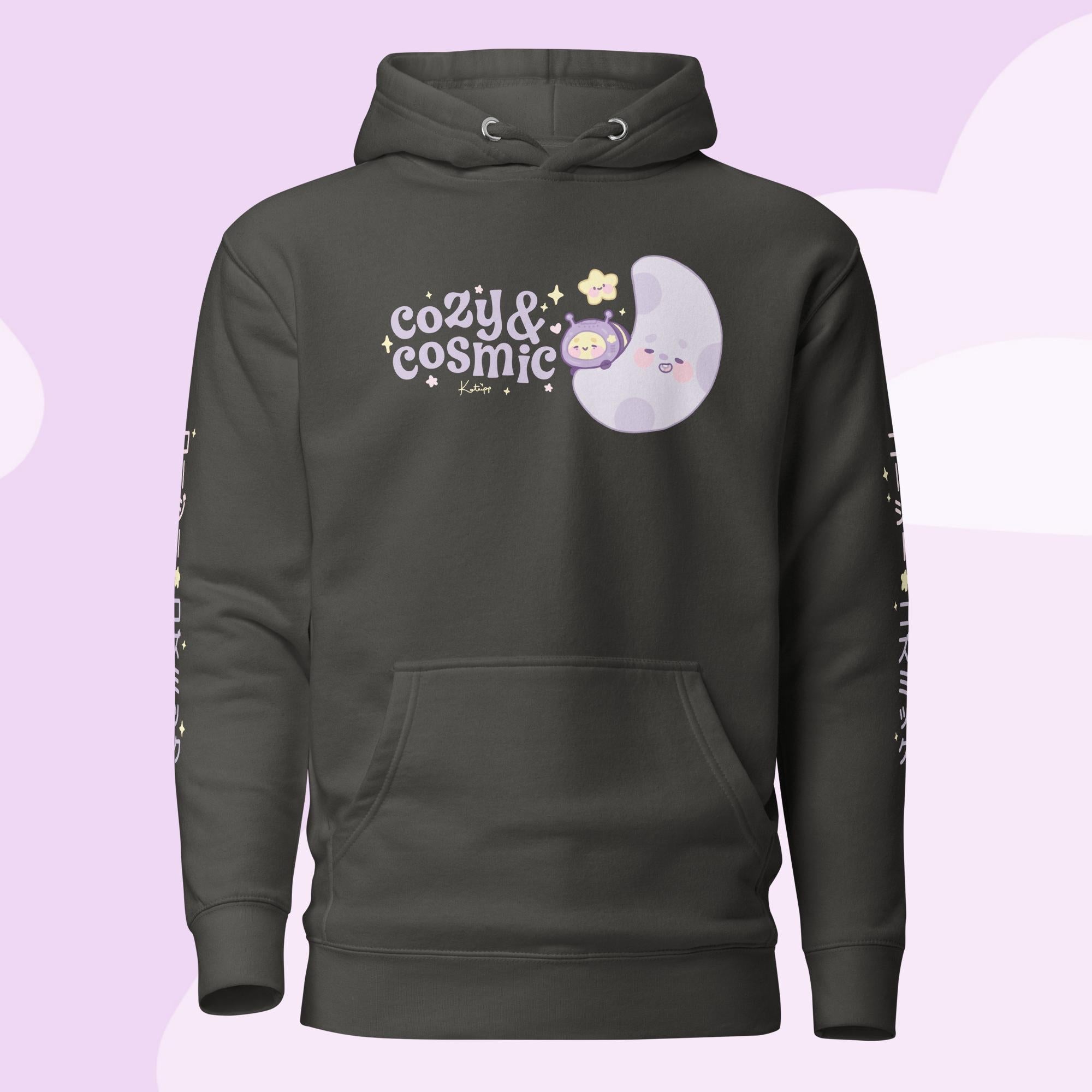 Cozy & Cosmic Premium Hoodie with Japanese Sleeve Design | Celestial Kawaii Katnipp character product