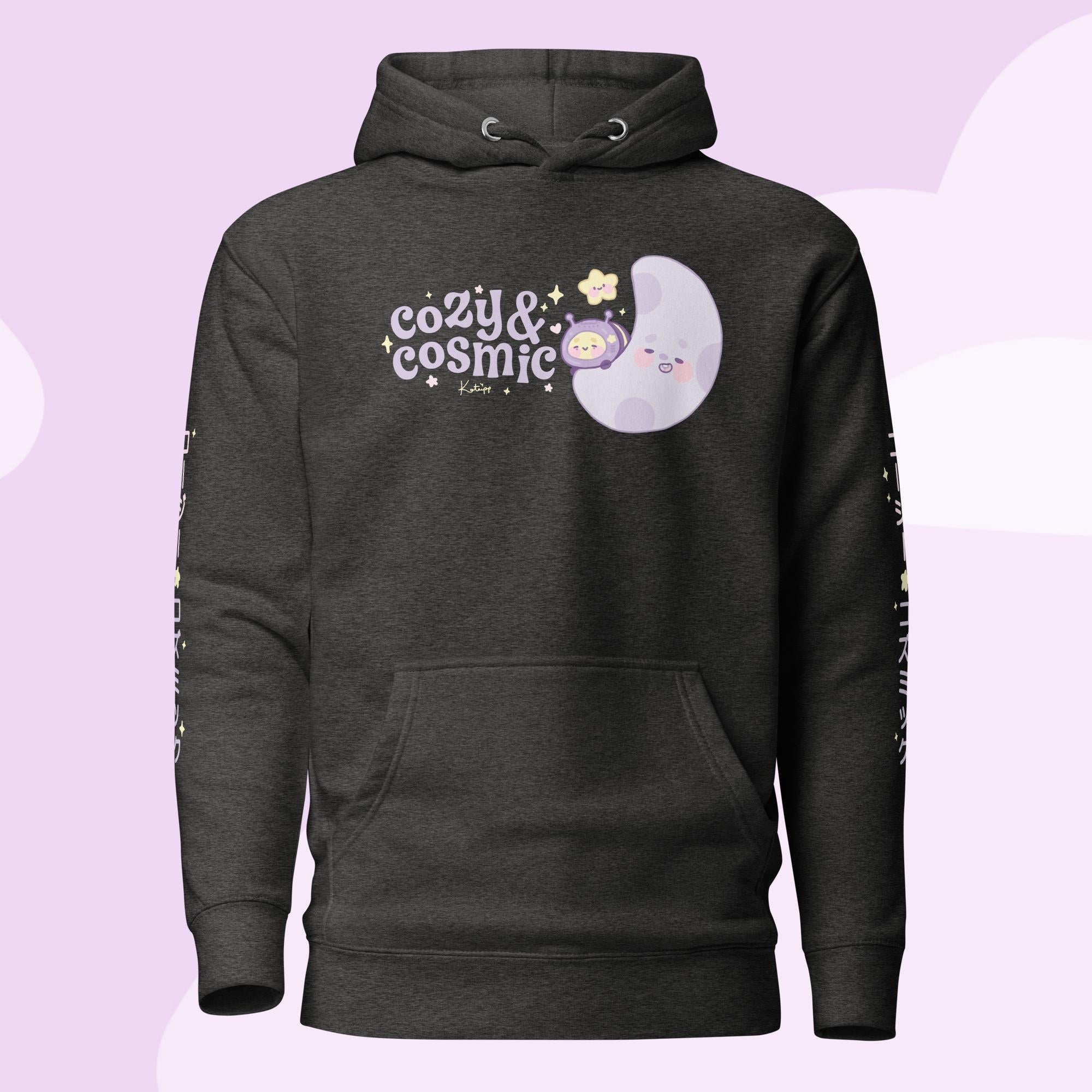 Cozy & Cosmic Premium Hoodie with Japanese Sleeve Design | Celestial Kawaii Katnipp character product
