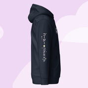 Cozy & Cosmic Premium Hoodie with Japanese Sleeve Design | Celestial Kawaii Katnipp character product