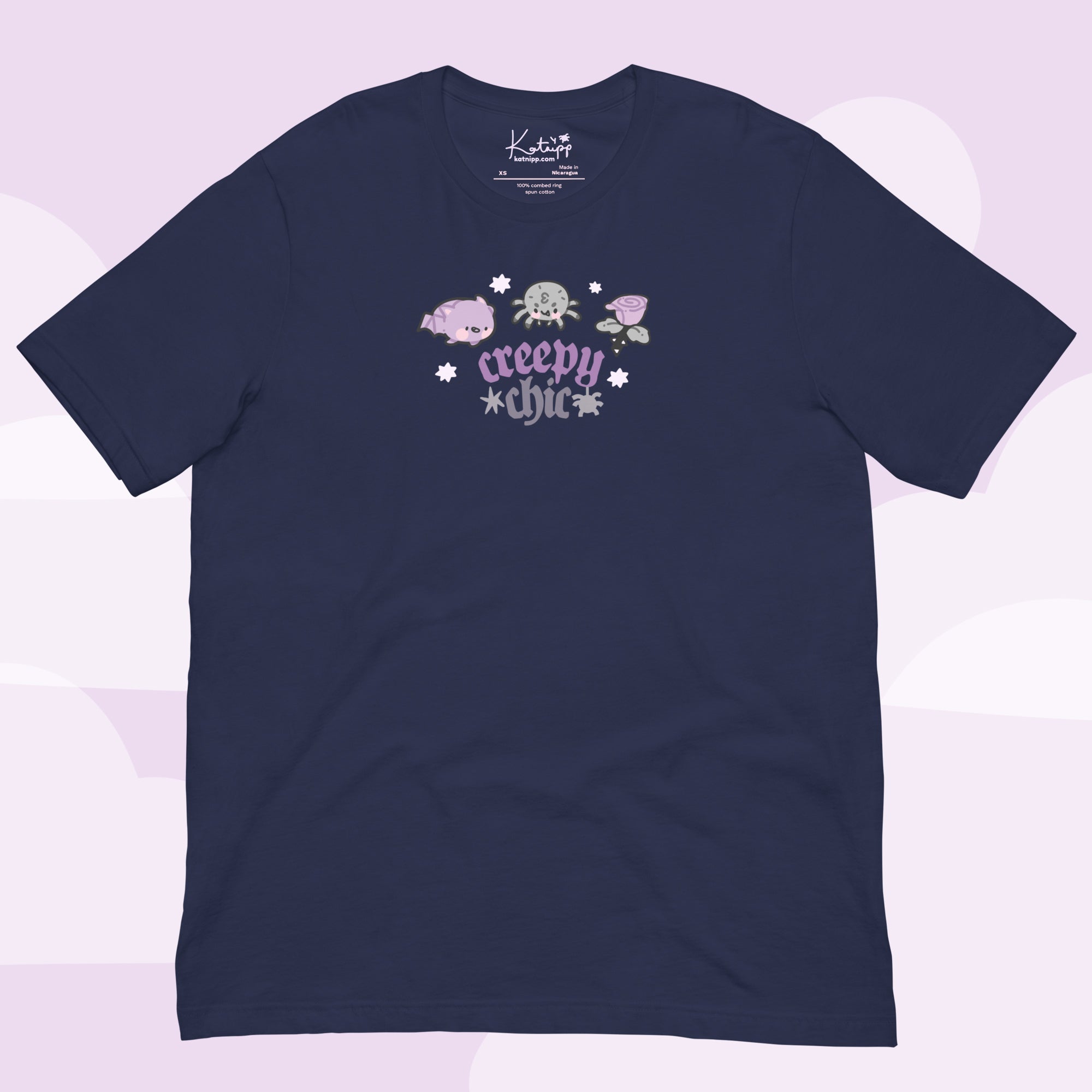 Creepy Chic Gothic Halloween T-Shirt | Kawaii Spooky Aesthetic Tee | Cute Bat & Spider Shirt for Vampies Vault Fans Katnipp character product