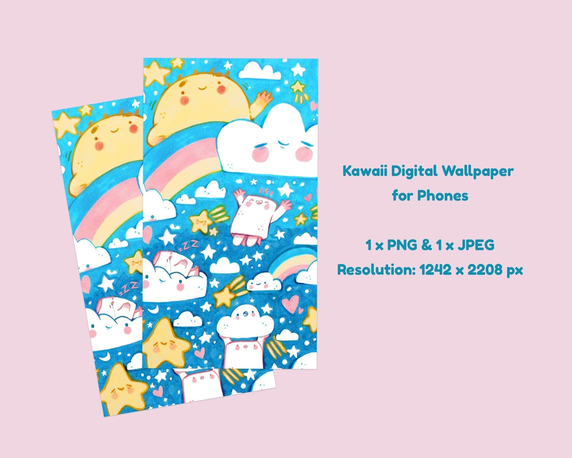 Digital Phone Wallpaper with Marshmallow Clouds | Cute Aesthetic Phone Background for iPhone & Android Katnipp character product