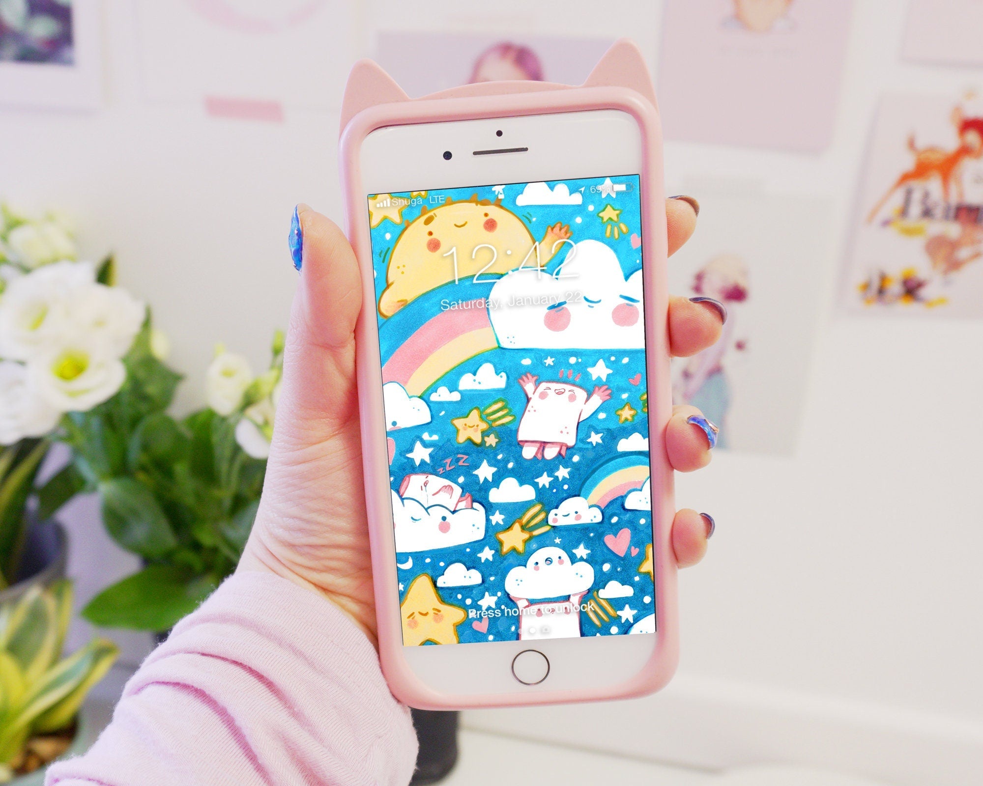 Digital Phone Wallpaper with Marshmallow Clouds | Cute Aesthetic Phone Background for iPhone & Android Katnipp character product