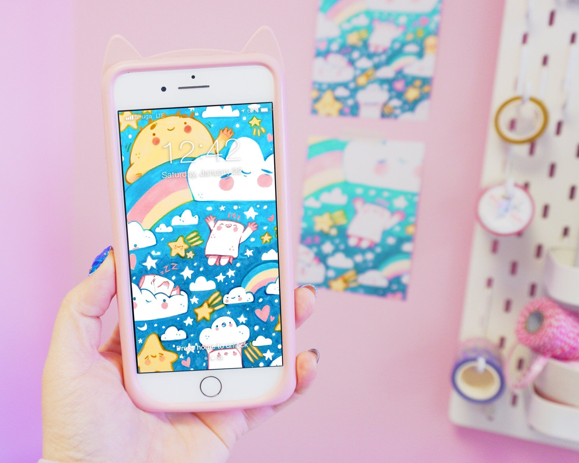 Digital Phone Wallpaper with Marshmallow Clouds | Cute Aesthetic Phone Background for iPhone & Android Katnipp character product