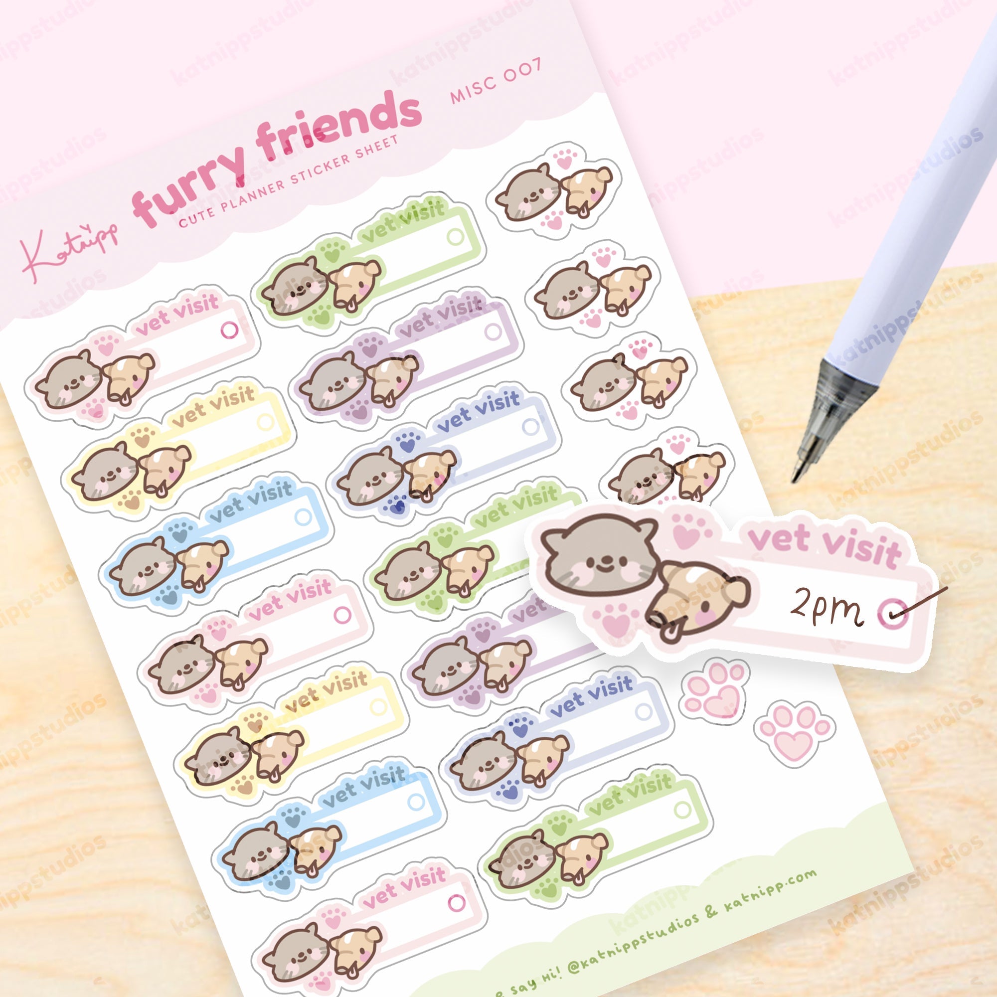 Furry Friends Vet Visit Sticker Sheet | A6 Cute Pet Planner Stickers | MISC 007 Katnipp character product
