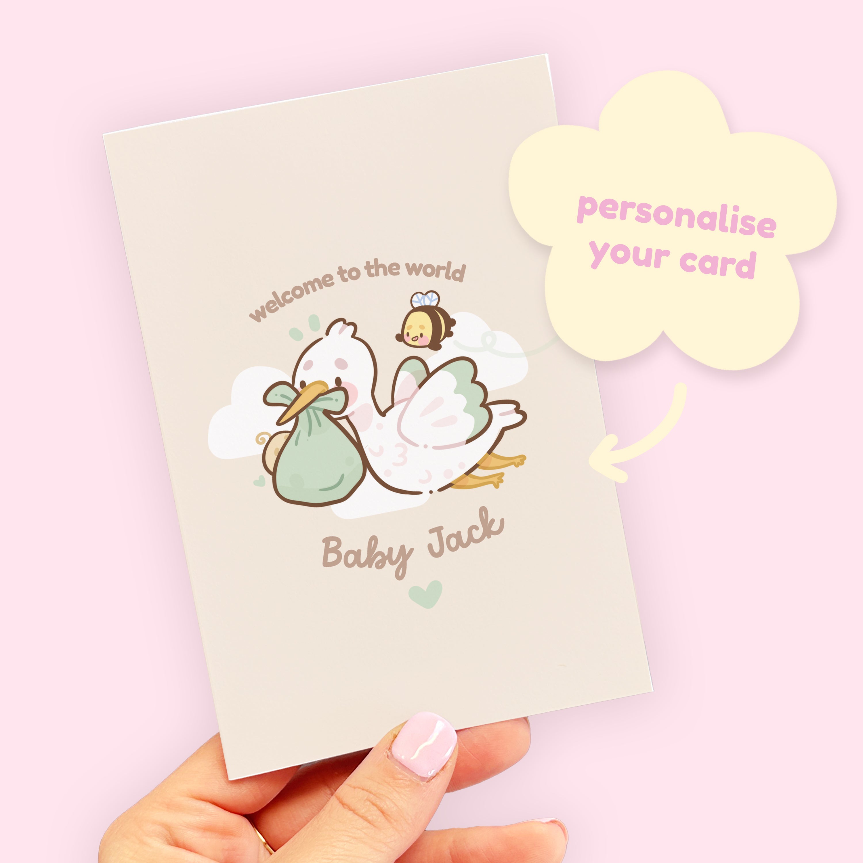 Gender Neutral Baby Shower Card with Stork & Bumblebutt - Personalised Baby Greeting - Katnipp Studios