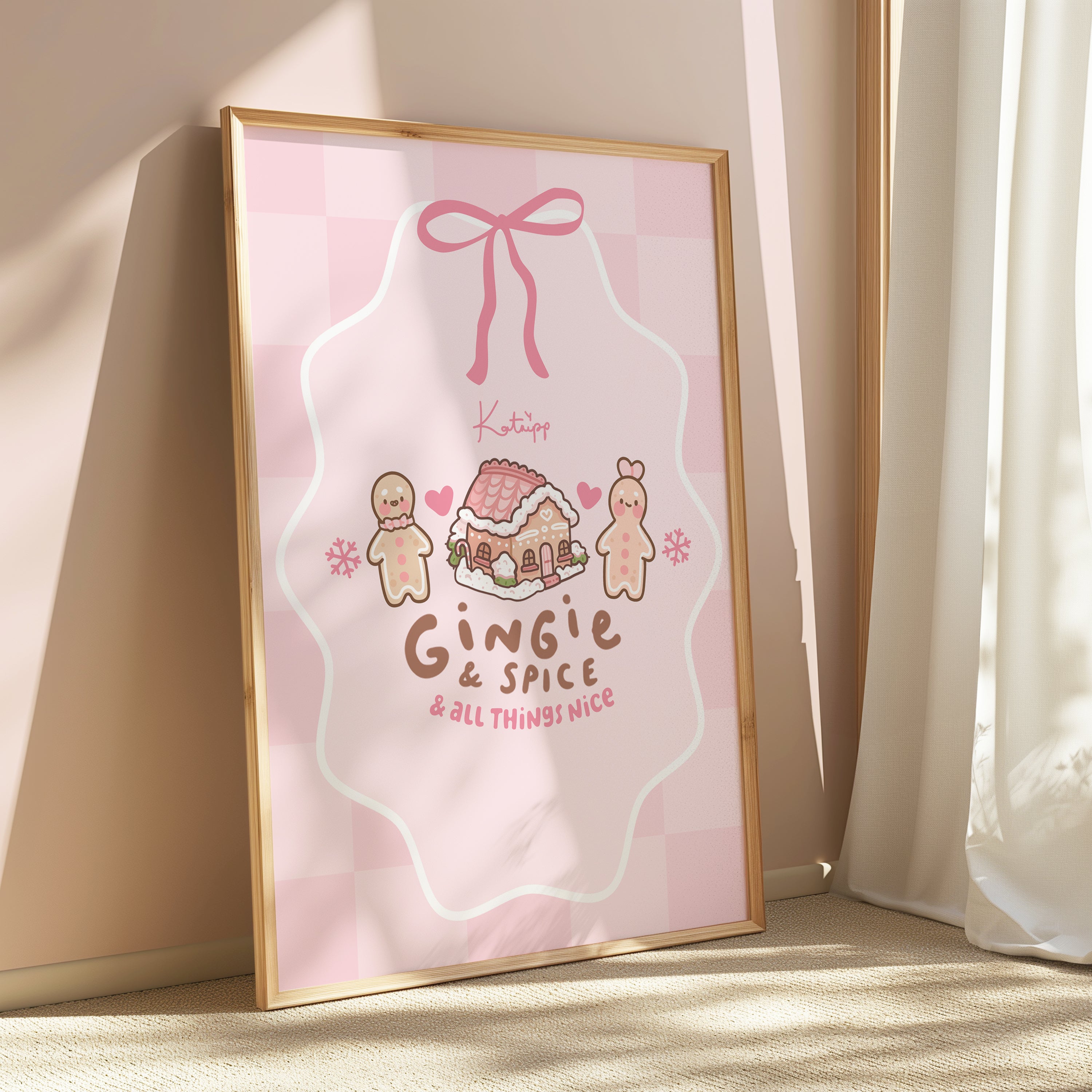 Gingie & Spice & All Things Nice Art Print | Kawaii Christmas Wall Art | Festive Holiday Decor with Pink Coquette Bow - Katnipp Studios