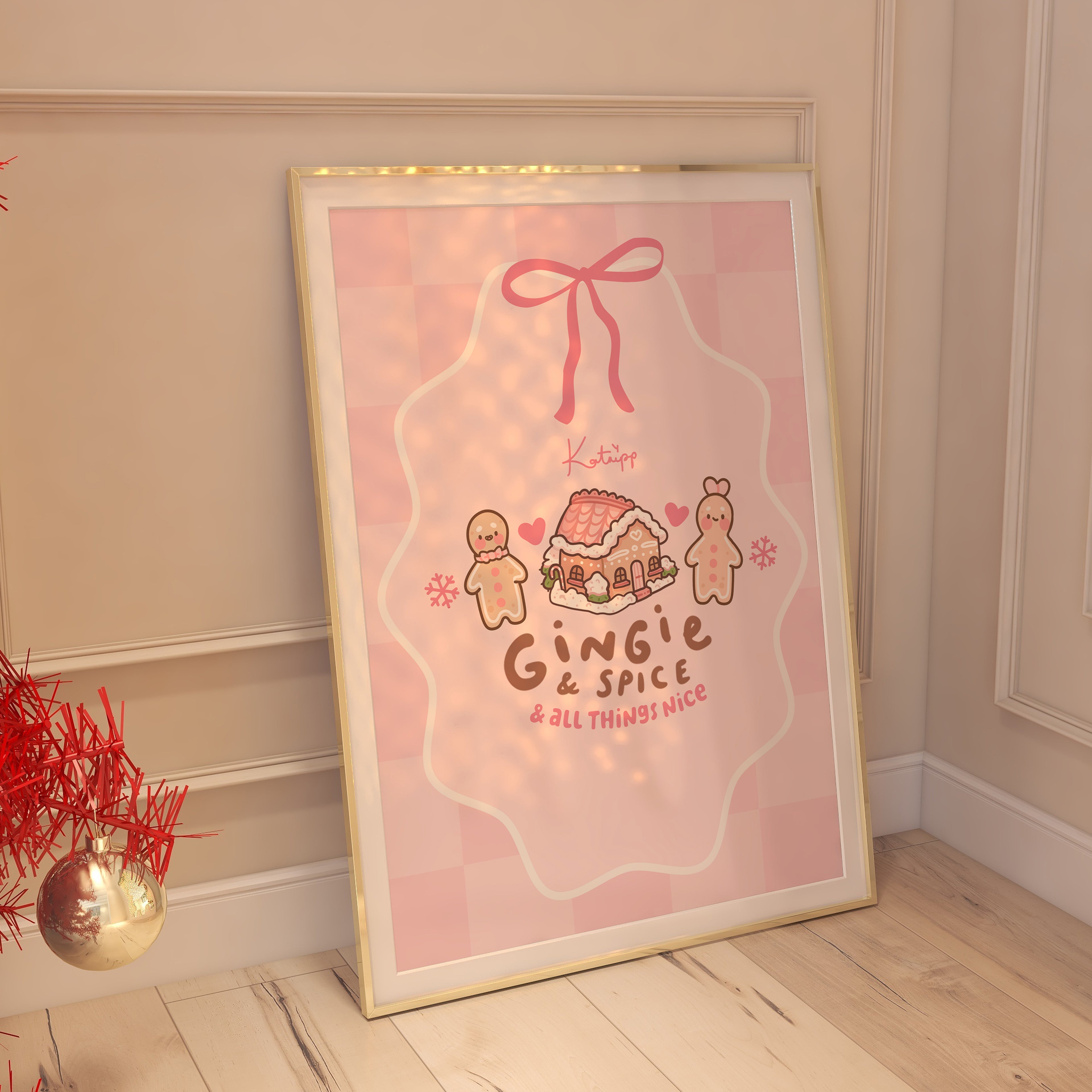 Gingie & Spice & All Things Nice Art Print | Kawaii Christmas Wall Art | Festive Holiday Decor with Pink Coquette Bow - Katnipp Studios