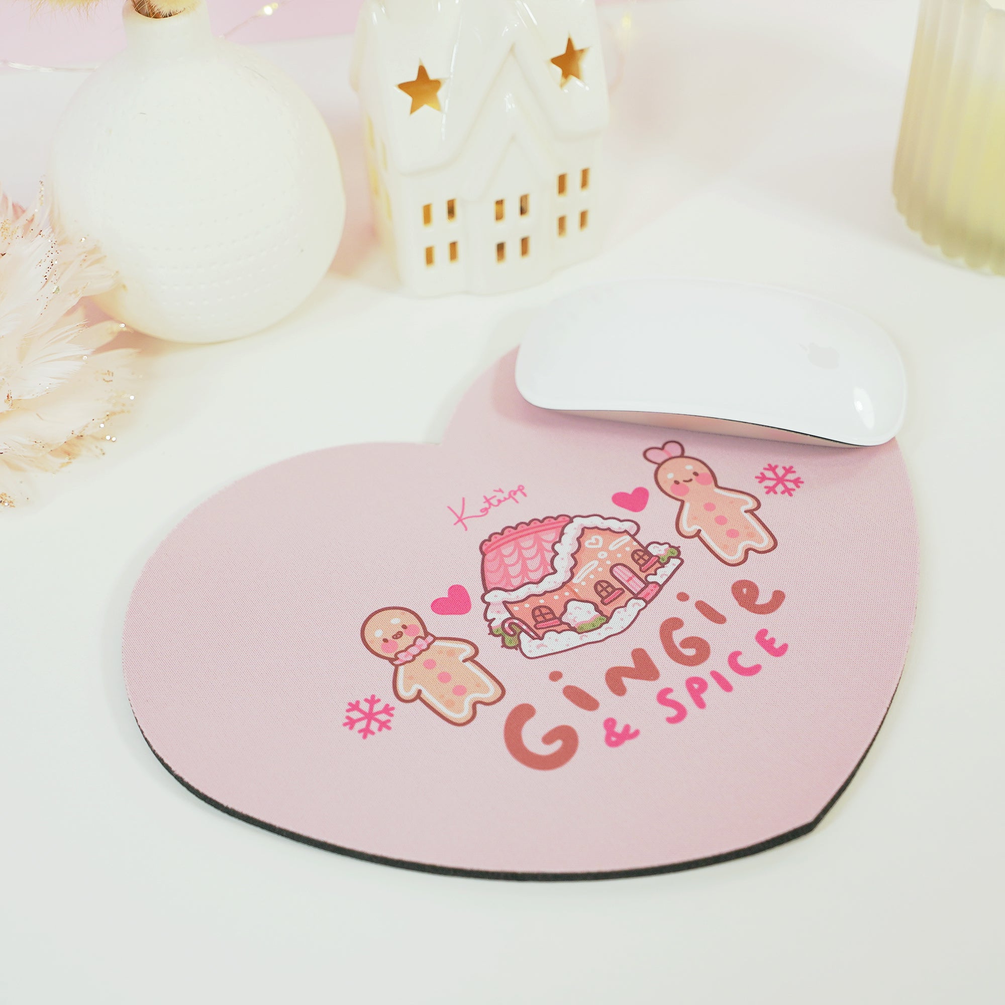 Gingie & Spice Mouse Pad | Kawaii Pastel Pink Desk Decor & Festive Holiday Gift | Cute Gingerbread Couple Office Accessories - Katnipp Studios