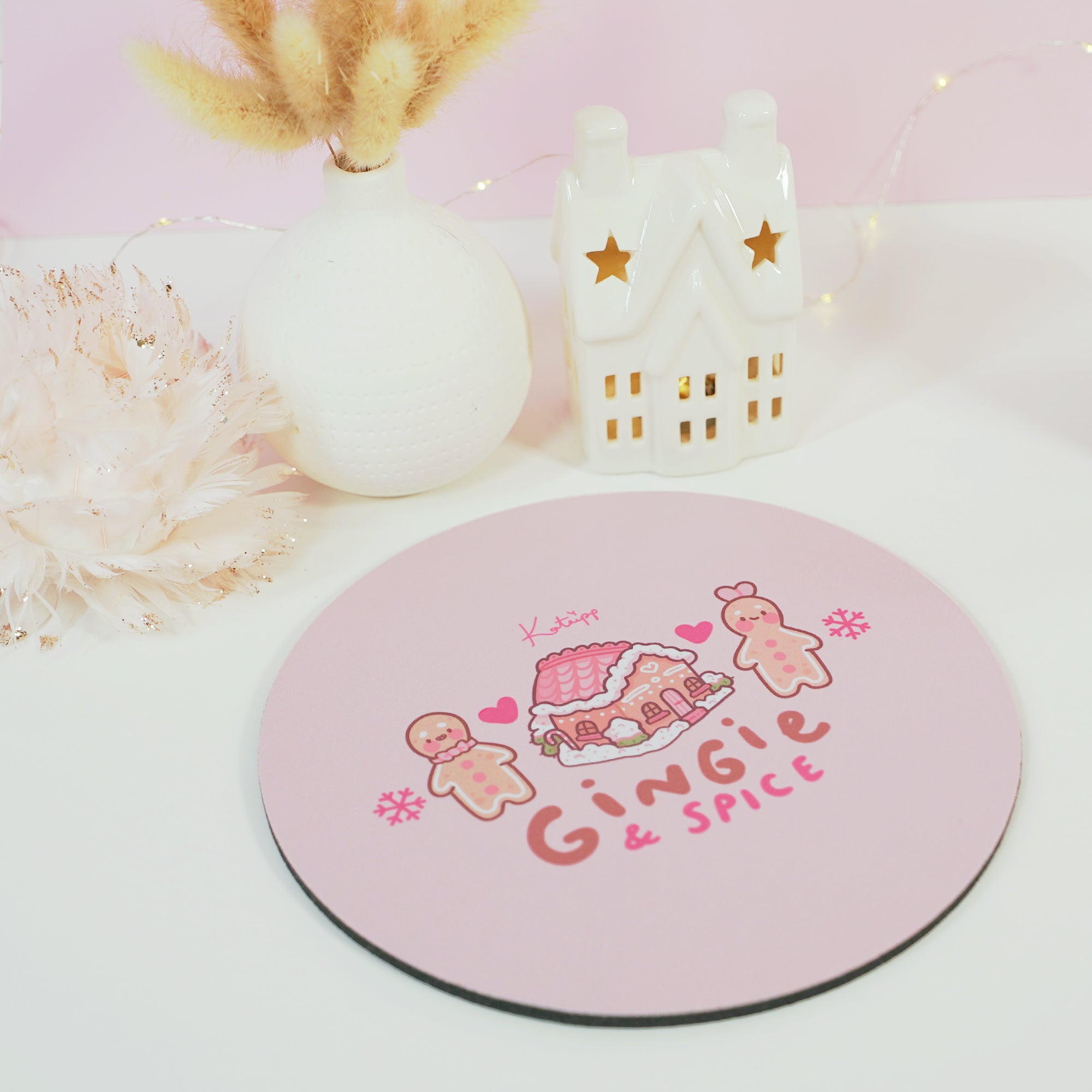 Gingie & Spice Mouse Pad | Kawaii Pastel Pink Desk Decor & Festive Holiday Gift | Cute Gingerbread Couple Office Accessories - Katnipp Studios