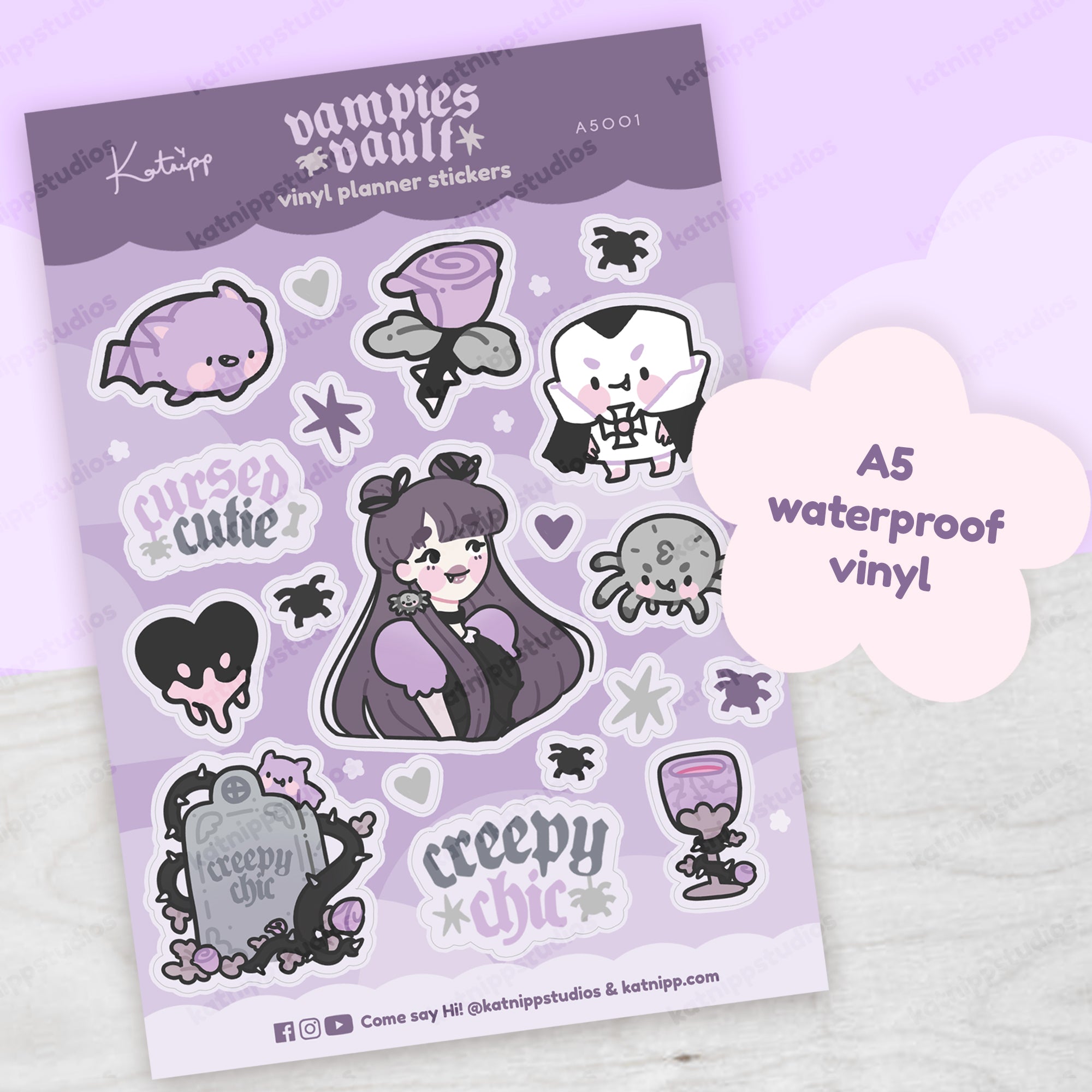 Gothic Halloween A5 Vinyl Sticker Sheet – “Creepy Chic” Kawaii Stickers - Halloween Stationery & Decor - Katnipp Studios