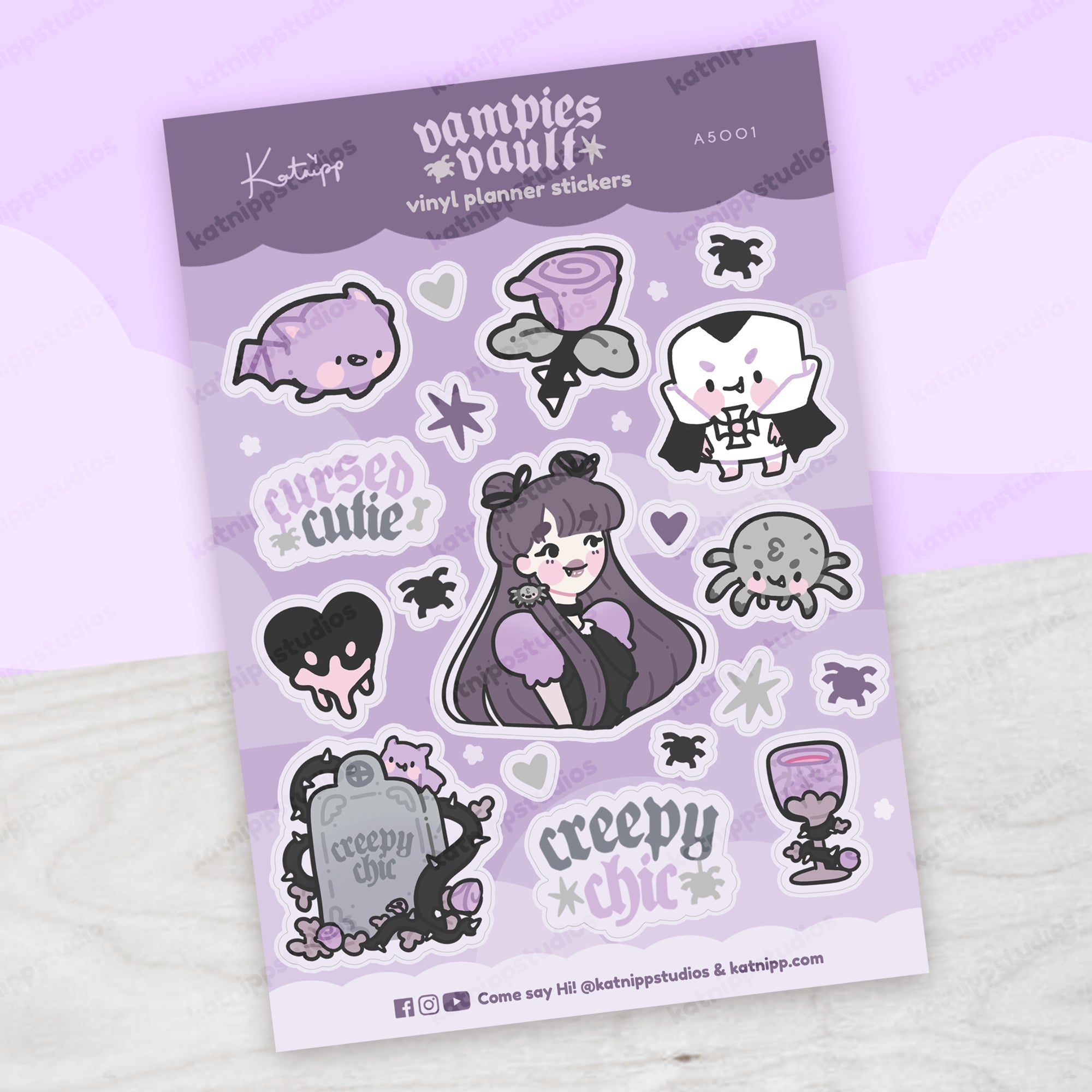 Gothic Halloween A5 Vinyl Sticker Sheet – “Creepy Chic” Kawaii Stickers - Halloween Stationery & Decor - Katnipp Studios