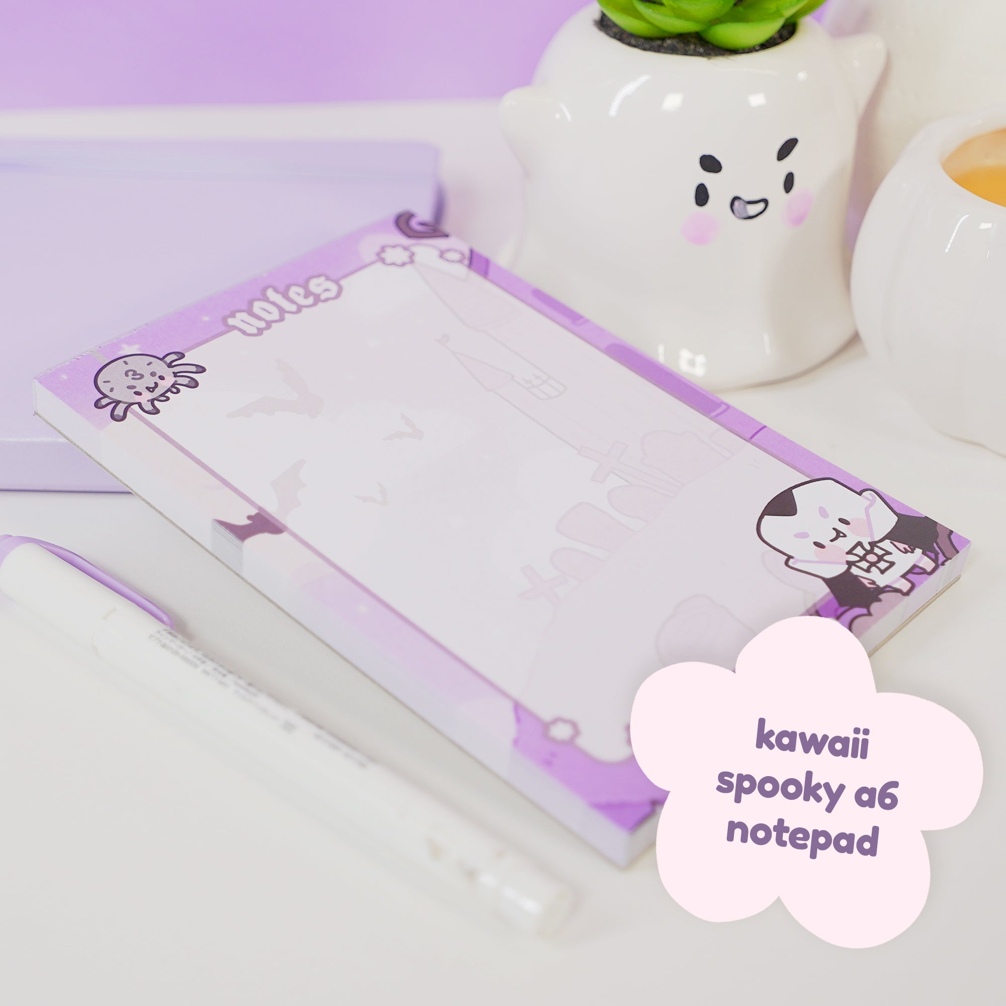 Gothic Halloween A6 Notepad – Kawaii Spooky Stationery for Journaling - Vampire, Spider & Bat Design - Katnipp Studios