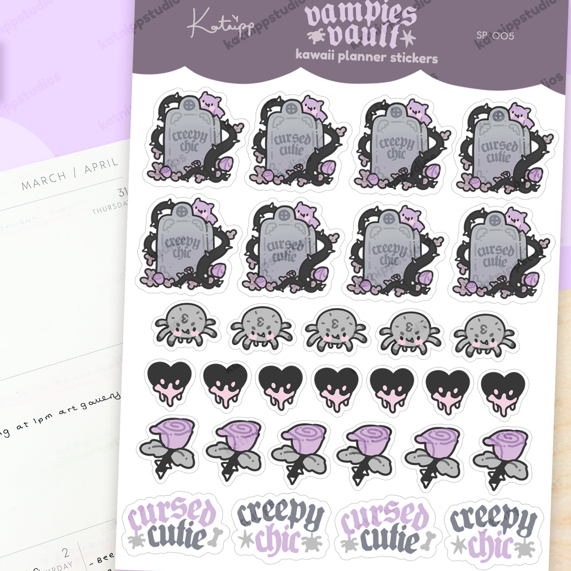 Gothic Halloween A6 Sticker Sheet – Spooky Headstones, Fluffy the Spider, and Kawaii Gothic Stationery Stickers – SP 005 - Katnipp Studios