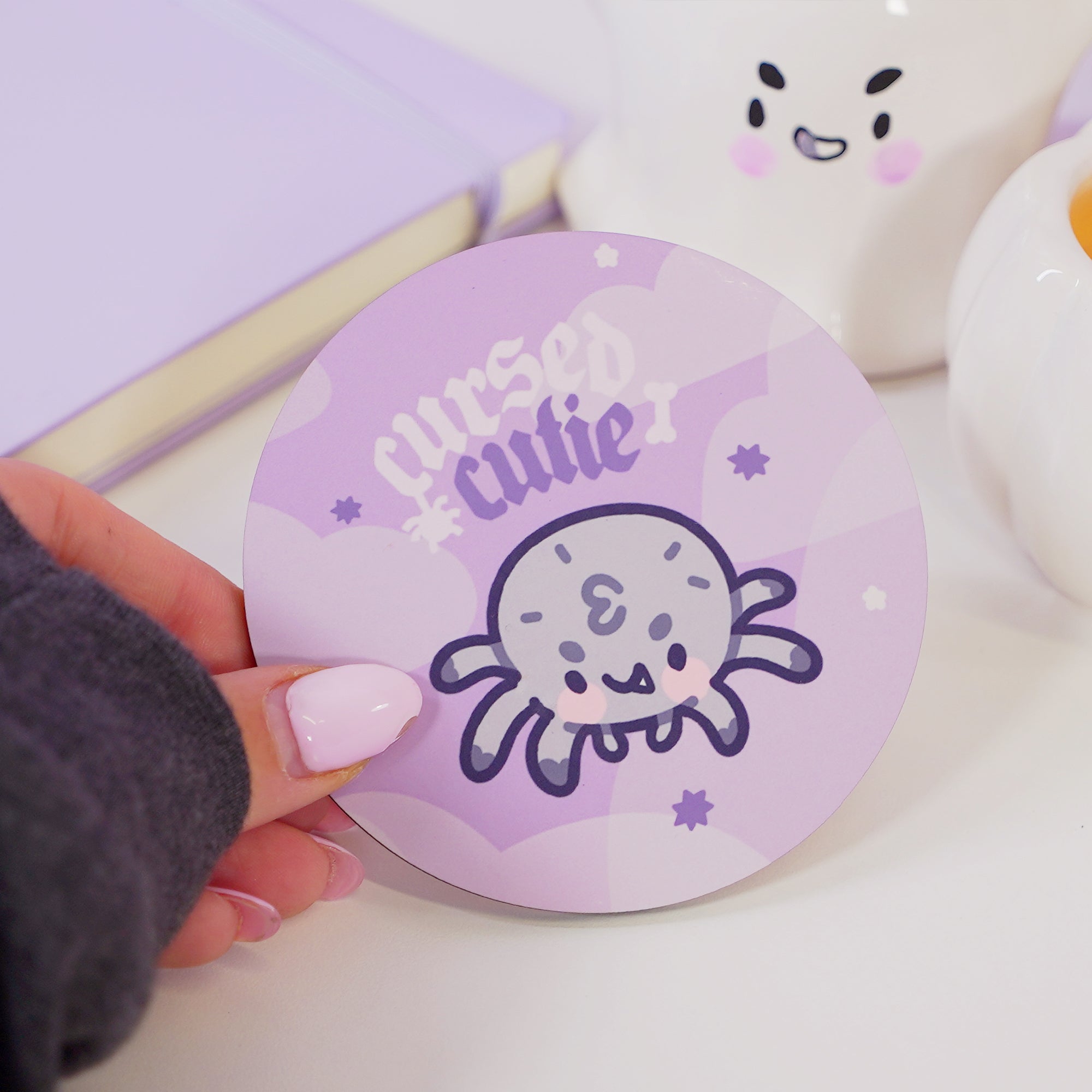 Gothic Halloween Coaster – “Cursed Cutie” with Fluffy the Spider - Spooky Desk Decor & Halloween Coaster - Katnipp Studios